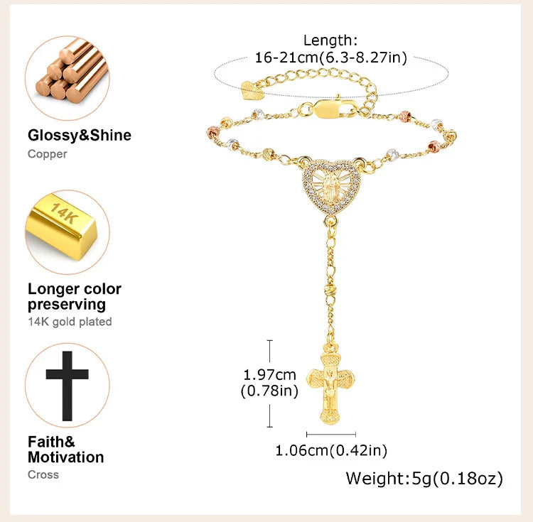 Zirconia Heart Virgin Mary Rosary Bead Cross Necklace for Women, Long Chain Cross Pendant Christian Catholic Religious Jewelry