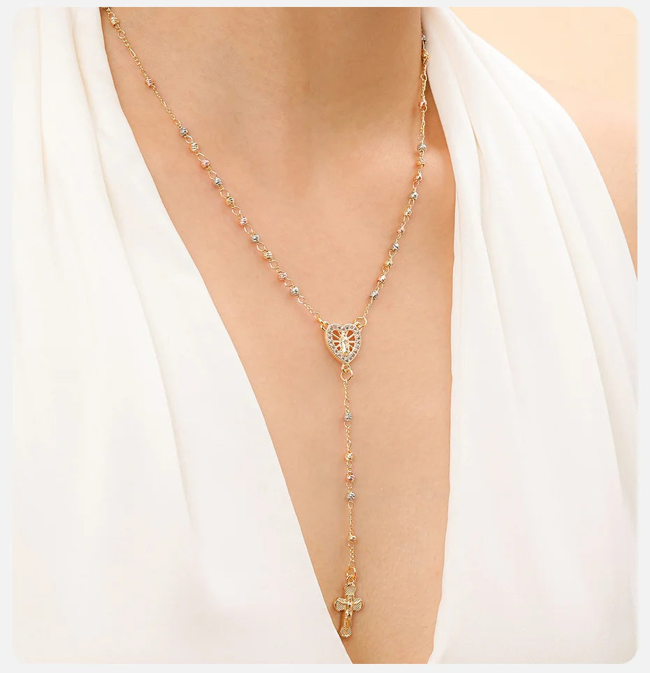 Vnox Virgin Mary Heart Rosary Necklaces for Women Men, Gold Plated Cross Prayer Collar, Long Sweater Chain Necklace
