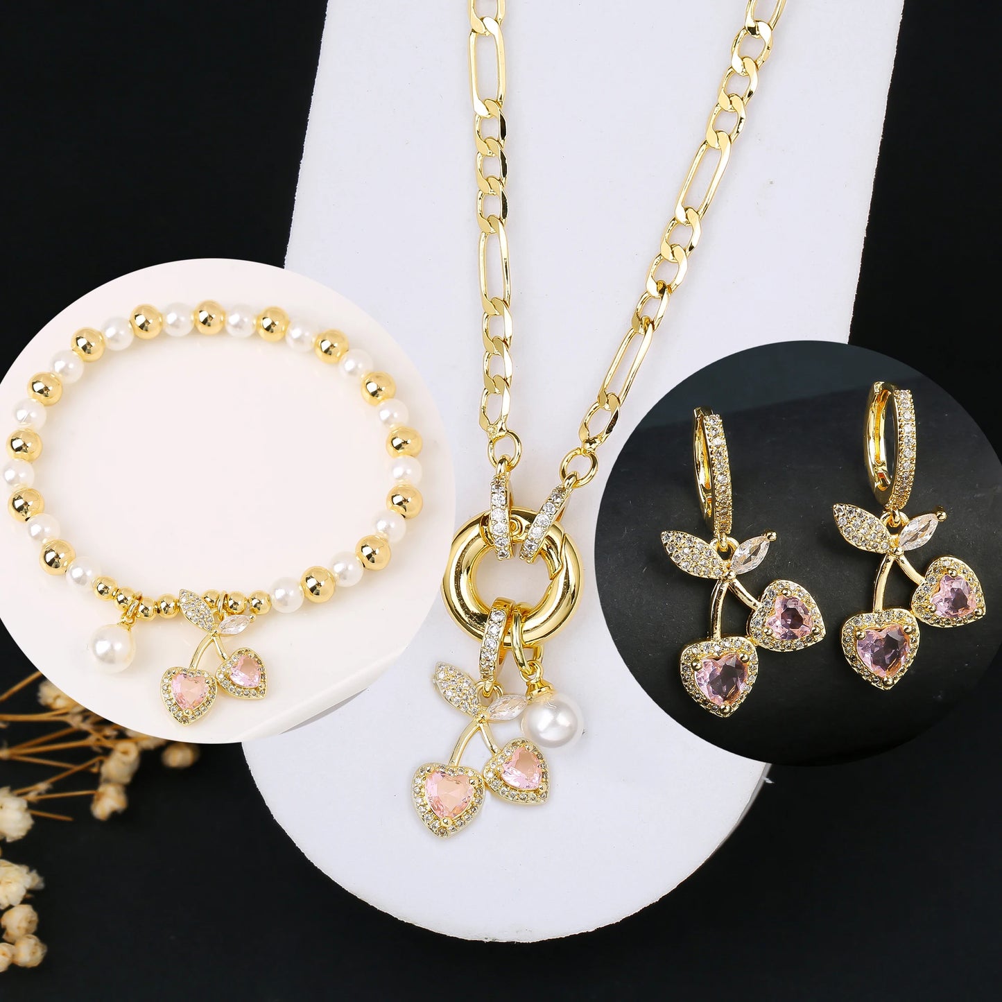 3pcs Hot Sale Shiny Zirconia Crystal Cherry Necklace Bracelet Earrings Jewelry Set Fashion for Woman Girl Wedding Lucky Jewelry