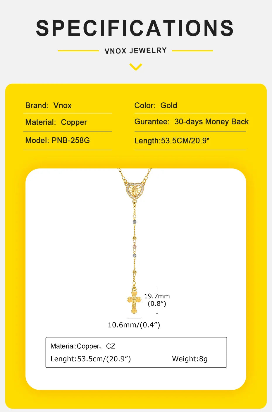 Vnox Virgin Mary Heart Rosary Necklaces for Women Men, Gold Plated Cross Prayer Collar, Long Sweater Chain Necklace