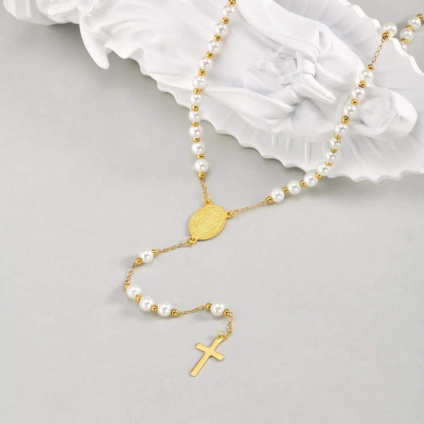Imitation Pearl Beaded Chain Holy Virgin Mary Y-Shaped Necklace, Stainless Steel Cross Pendant Necklace,Religious Prayer Jewelry