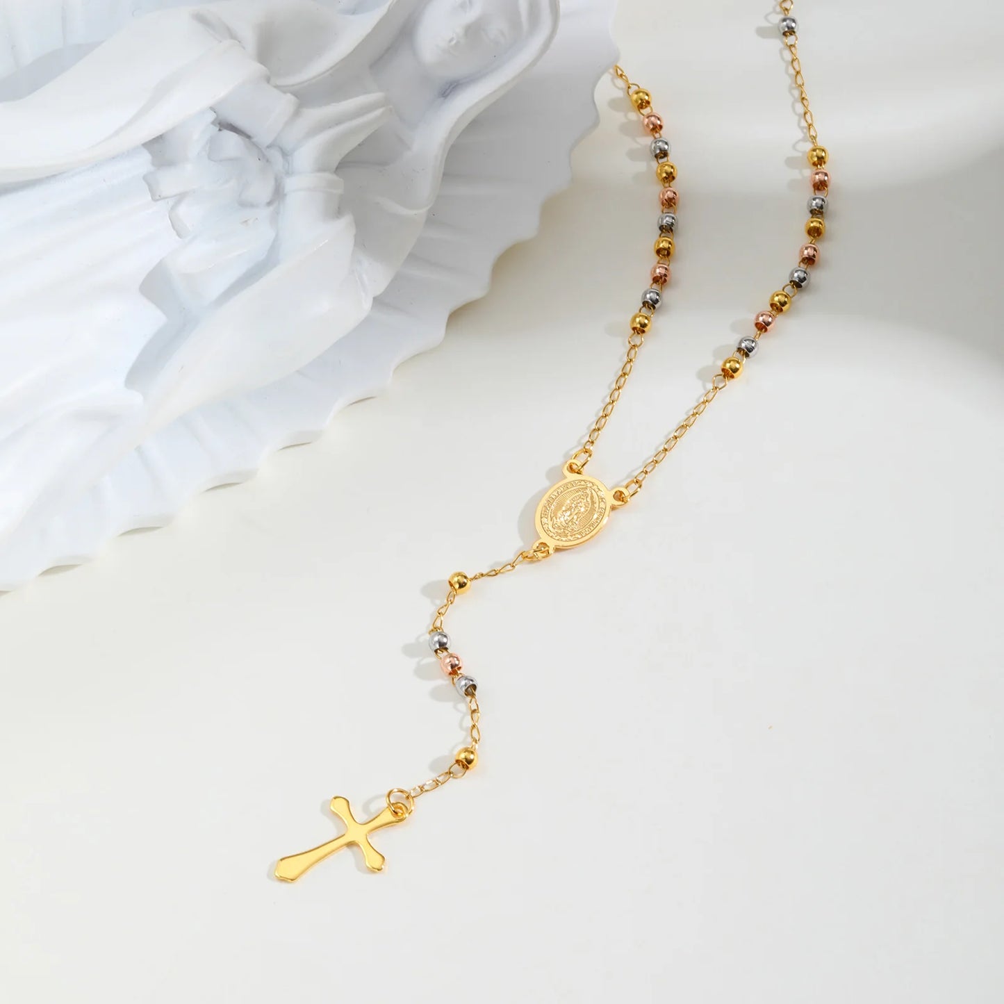 Tri-color Beaded Virgin Mary Y-shaped Necklace, Holy Spirit Cross Pendant Necklace for Women, Stainless Steel Religious Jewelry