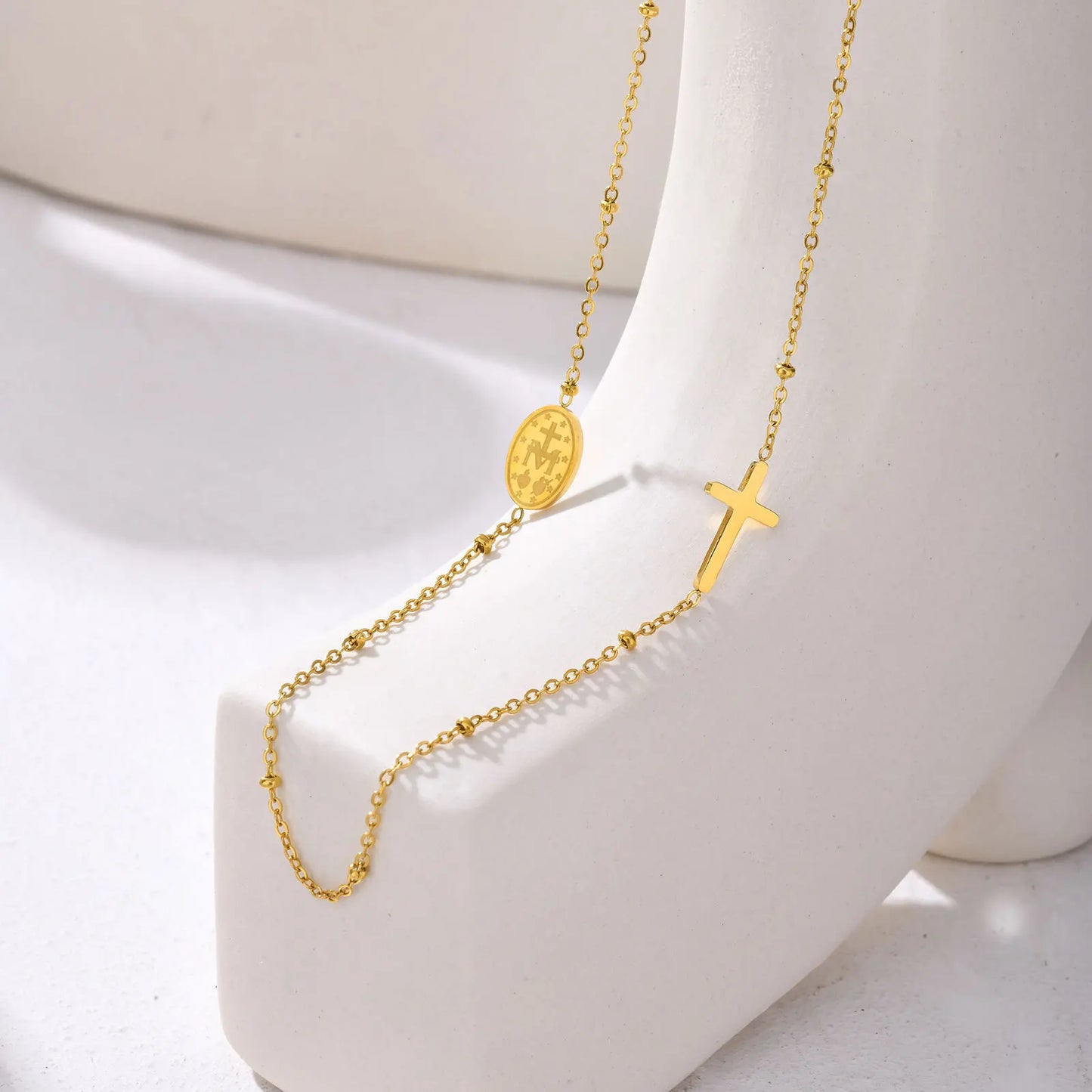 Vnox Dainty Sideway Cross Necklaces, Women's Virgin Mary Charm Collar, Adjustable Stainless Steel Jewelry