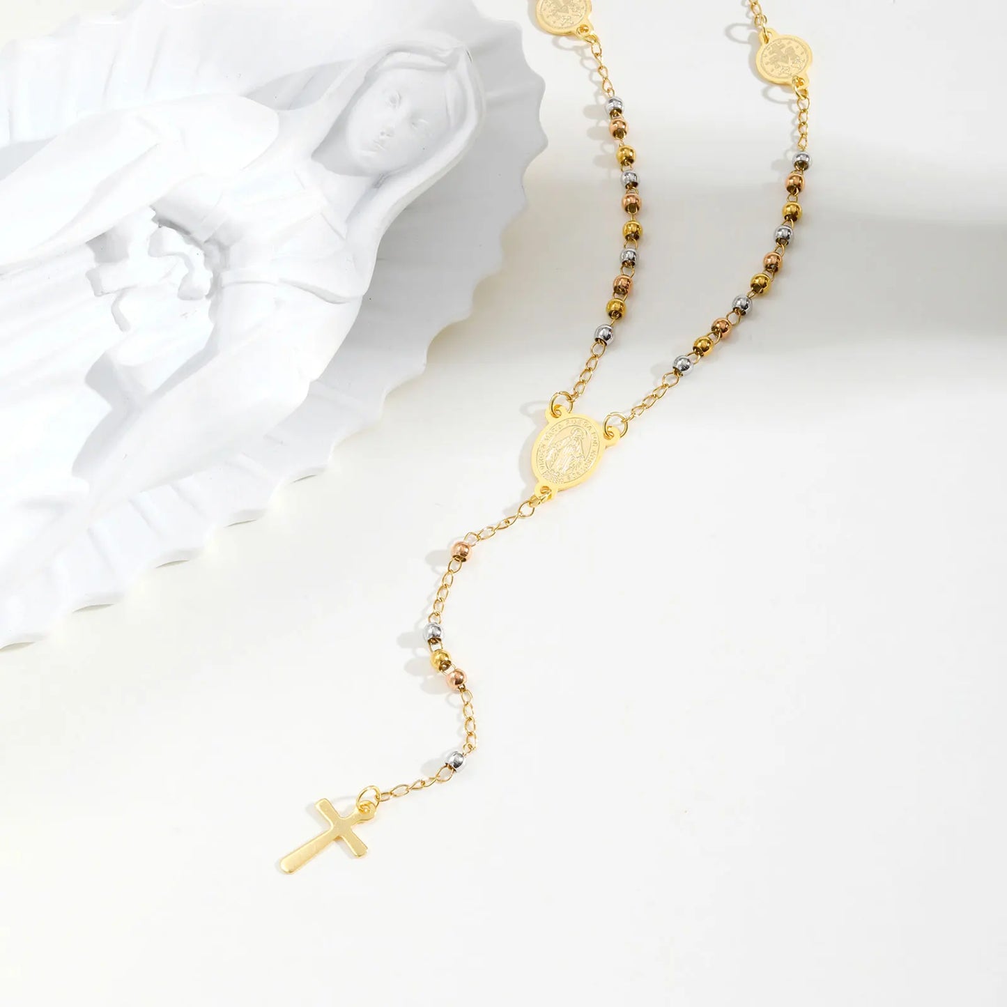 Tri-color Beaded Virgin Mary Y-shaped Necklace, Holy Spirit Cross Pendant Necklace for Women, Stainless Steel Religious Jewelry