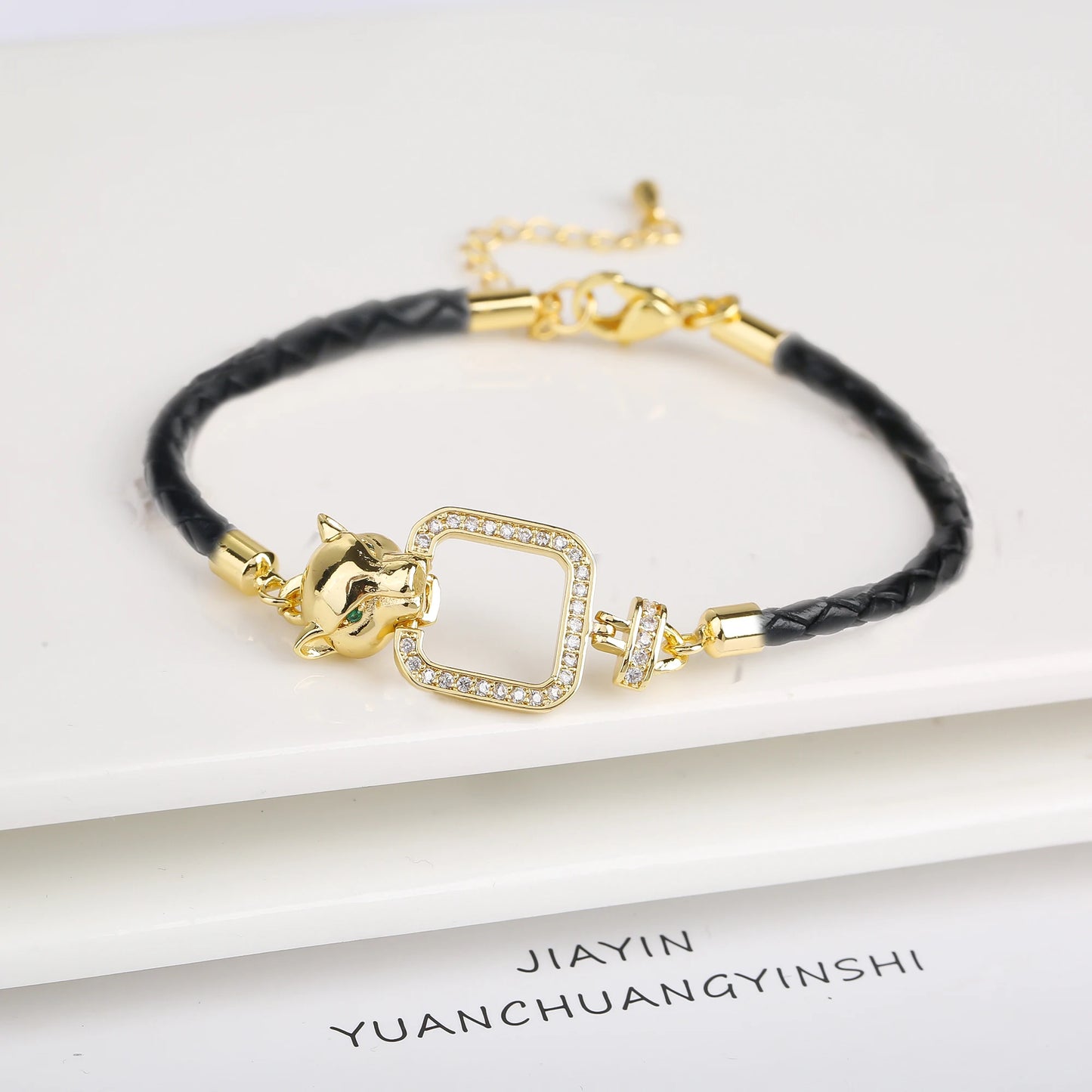Adjustable Leather Rope Braided Zirconia Animal Leopard Head Bully Bracelet Fashion for Man Woman Party Jewelry Gift Daily Wear
