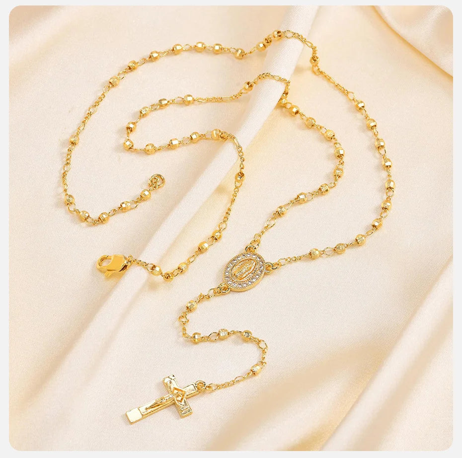 Vnox Virgin Mary Heart Rosary Necklaces for Women Men, Gold Plated Cross Prayer Collar, Long Sweater Chain Necklace