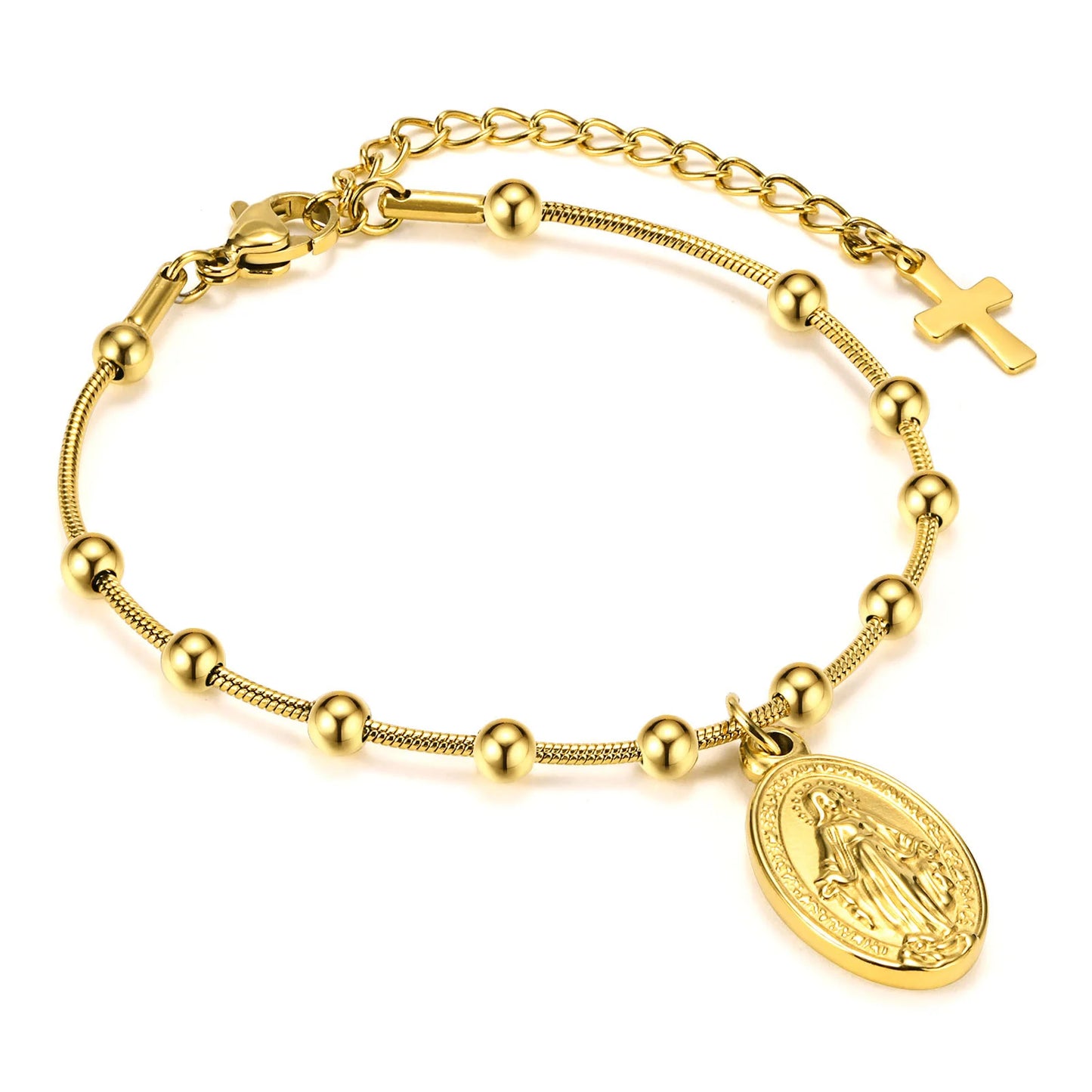 Vnox Rosary Bracelet for Women Girls, Gold Plated Stainless Steel Religious Cross and Virgin Mary Prayer Bracelets Gifts