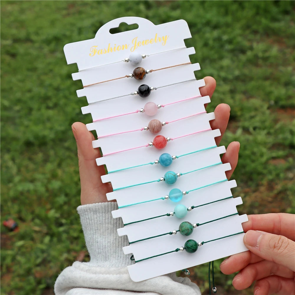 Wholesale 12Pcs/Set Colorful Natural Stone Bracelets Adjustable Rope Braided Bracelet Handmade Bohemia Bracelets with Cards