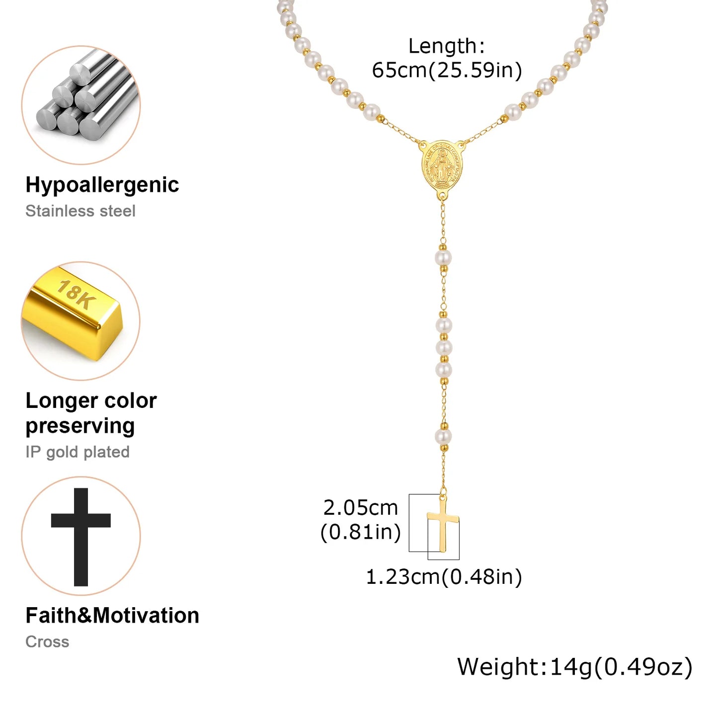 Imitation Pearl Beaded Chain Holy Virgin Mary Y-Shaped Necklace, Stainless Steel Cross Pendant Necklace,Religious Prayer Jewelry
