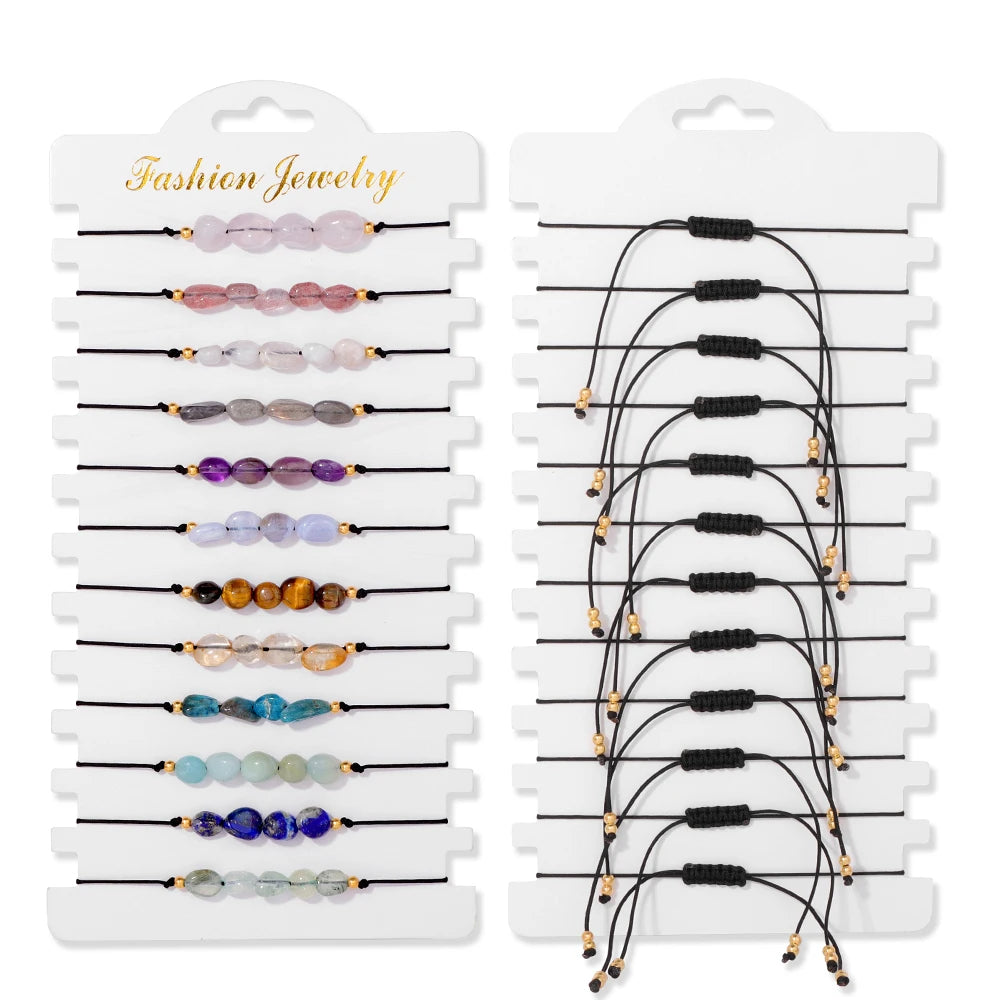 Wholesale 12Pcs/Set Colorful Natural Stone Bracelets Adjustable Rope Braided Bracelet Handmade Bohemia Bracelets with Cards