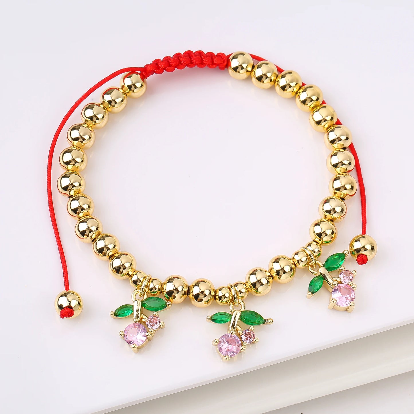 Gold Plated 6mm Copper Bead Chain Braided Fruit Cherry Crystal Adjustable Bracelet New Fashion Woman Girl Daily Wear Jewelry