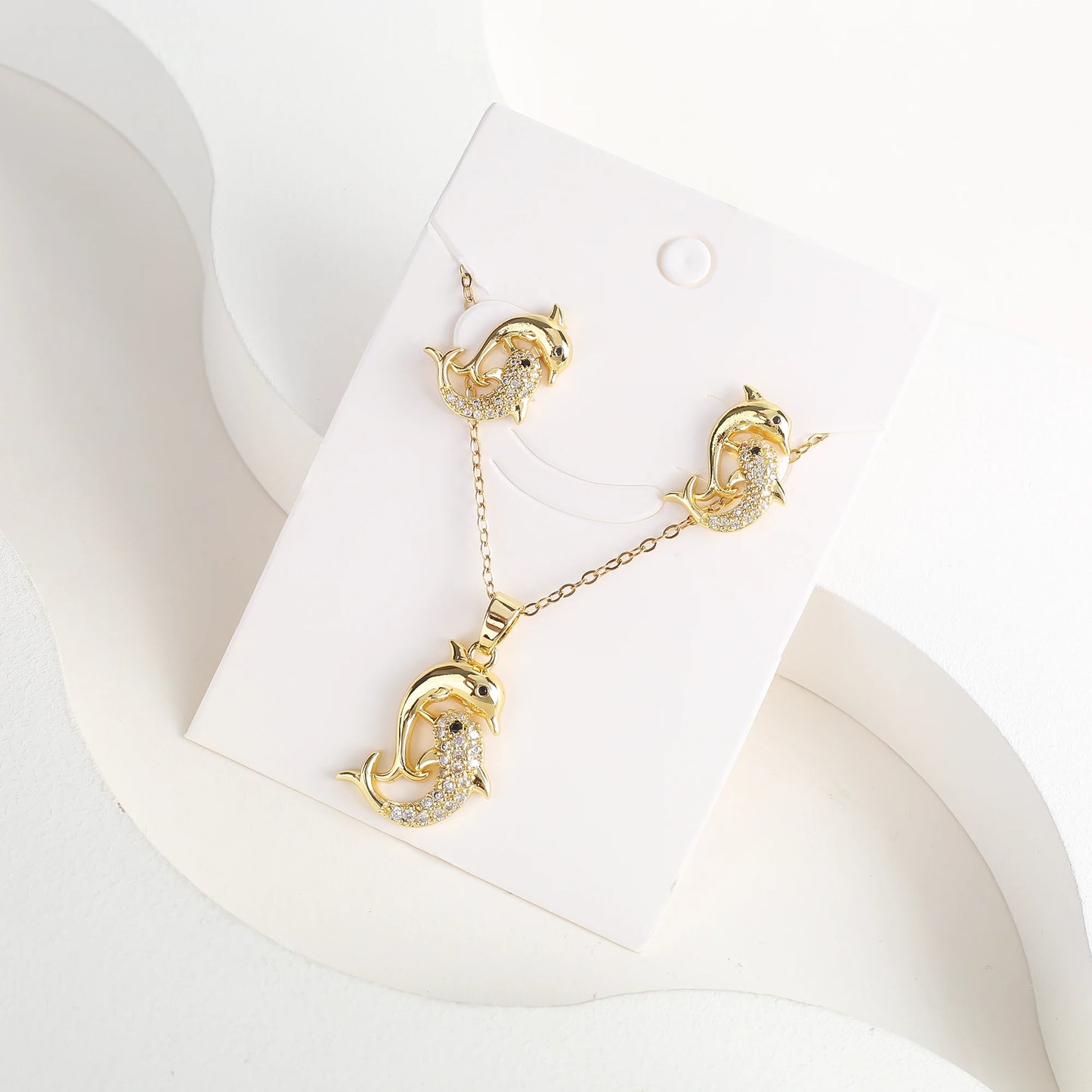 New Cute Zirconia Animal Bear Dolphin Leopard Dog Pendant Necklace Set Girls Anti-Allergy Earrings Holiday Party Gift Wholesale