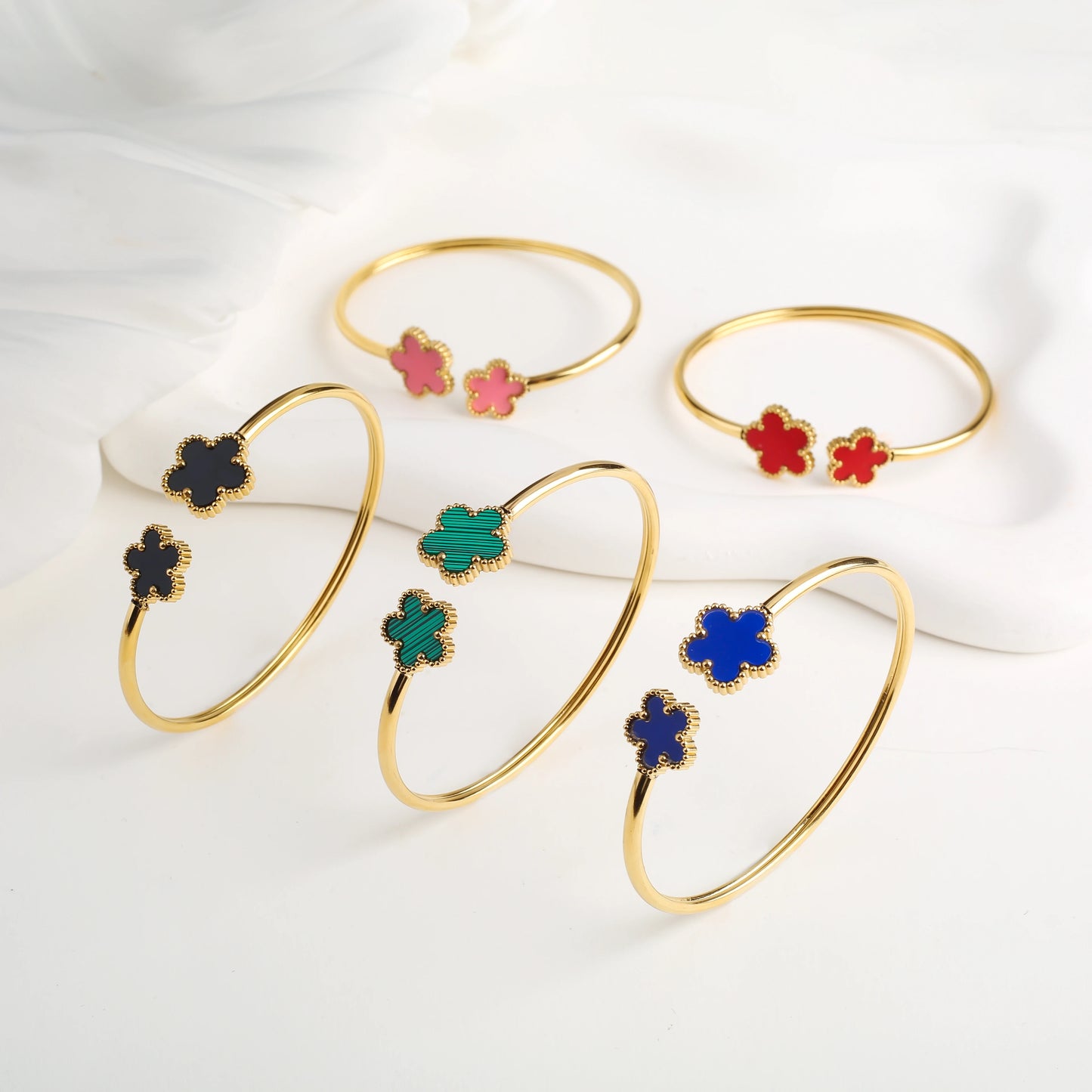 New Design Lucky Stainless Steel FIve Leaf Flower Bangle Ring Jewelry Set for Women Waterproof Fashion Jewelry Party Gift Clover