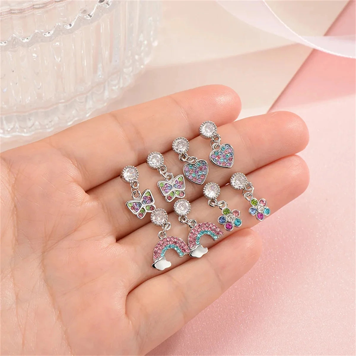 2/8pcs Hypoallergenic Heart Flower Dangle Screw Back Earrings,Flat Back Ear Studs Butterfly Cartilage Tragus Piercing Jewelry