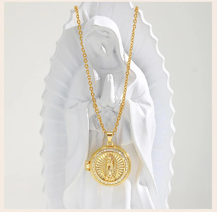 Round Zircon Virgin Mary Locked Pendant Necklace for Women, No Photo, Adjustable Link Jewelry