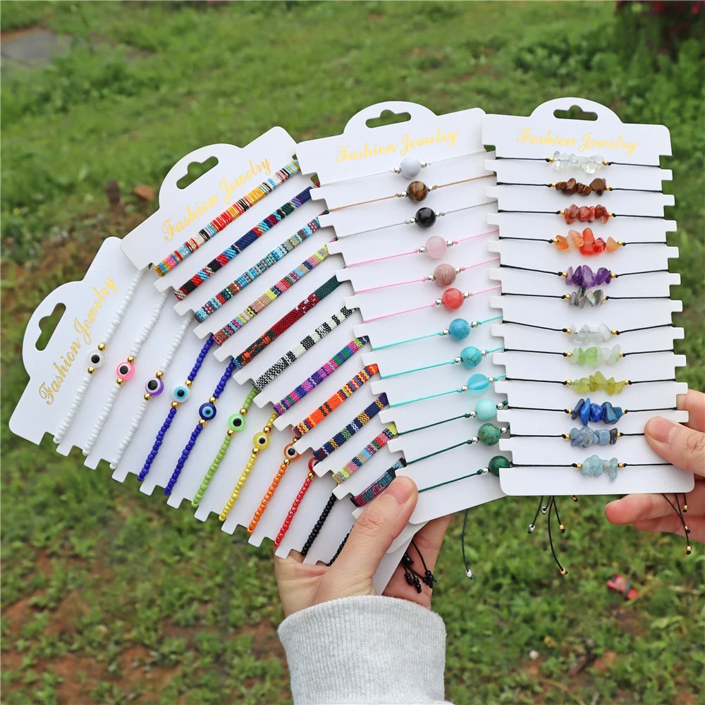 Wholesale 12Pcs/Set Colorful Natural Stone Bracelets Adjustable Rope Braided Bracelet Handmade Bohemia Bracelets with Cards