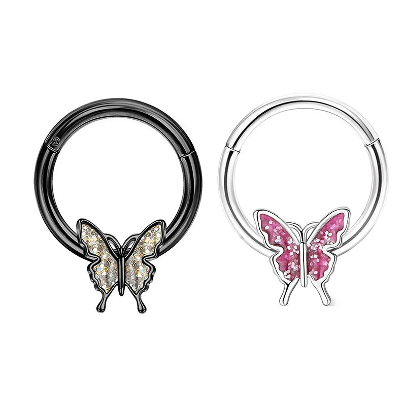 2Pcs 16G Stainless Steel Butterfly Hinged Septum Nose Ring Hoops,BCR Horseshoe Cartilage Daith Helix Rook Conch Piercing Jewelry