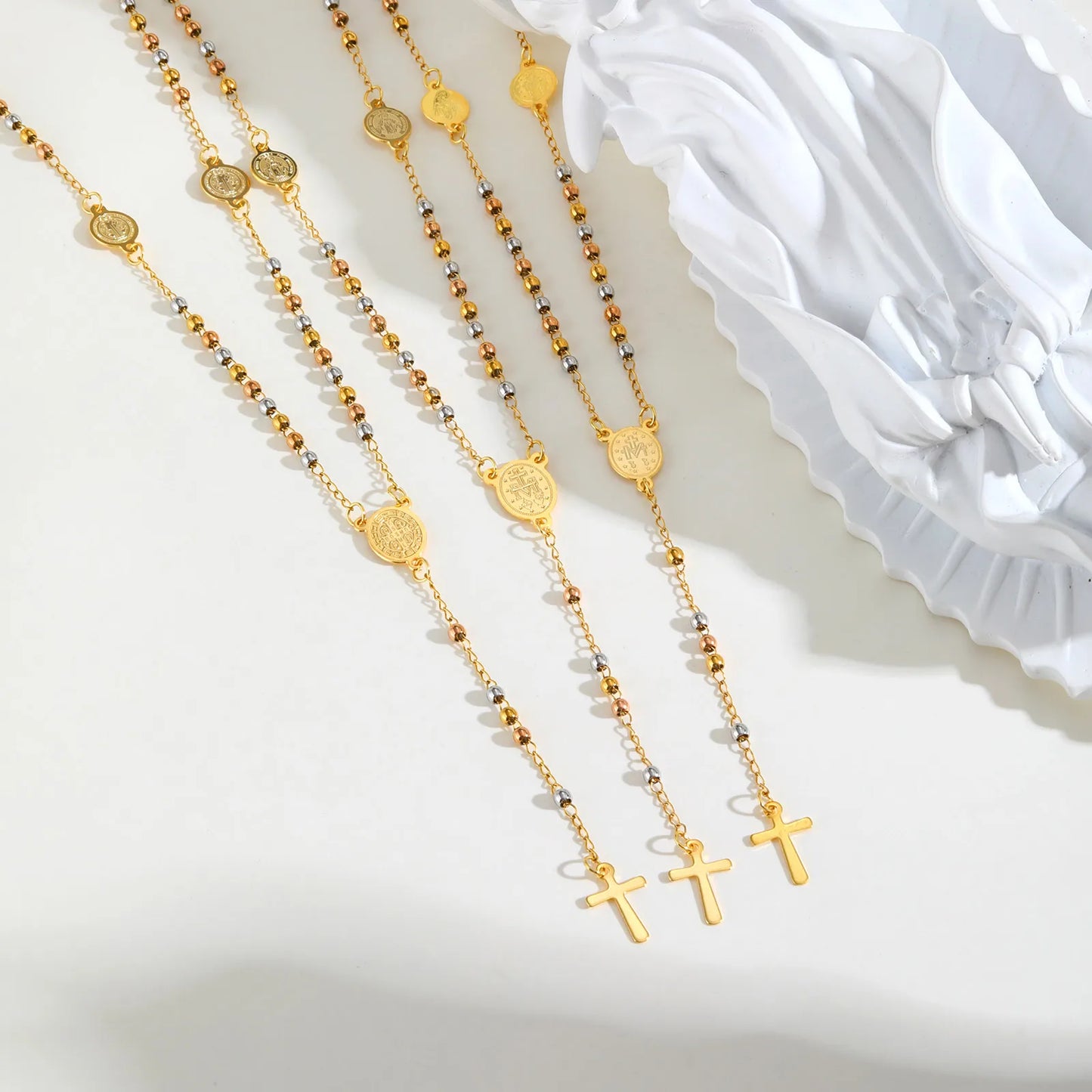 Tri-color Beaded Virgin Mary Y-shaped Necklace, Holy Spirit Cross Pendant Necklace for Women, Stainless Steel Religious Jewelry