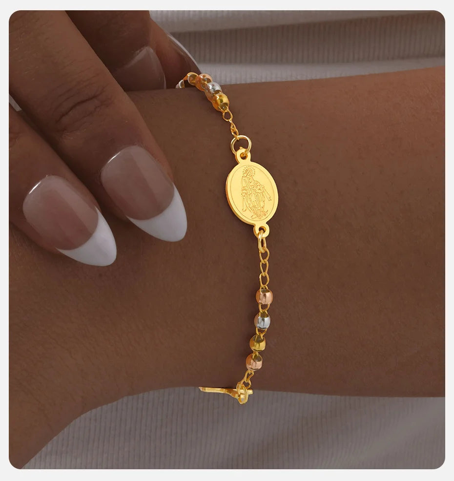 Vnox Stainless Steel Beaded Virgin Mary Bracelet,Charm Rosary Cross Chain Bracelet For Women,Religion Christ Three Color Jewelry