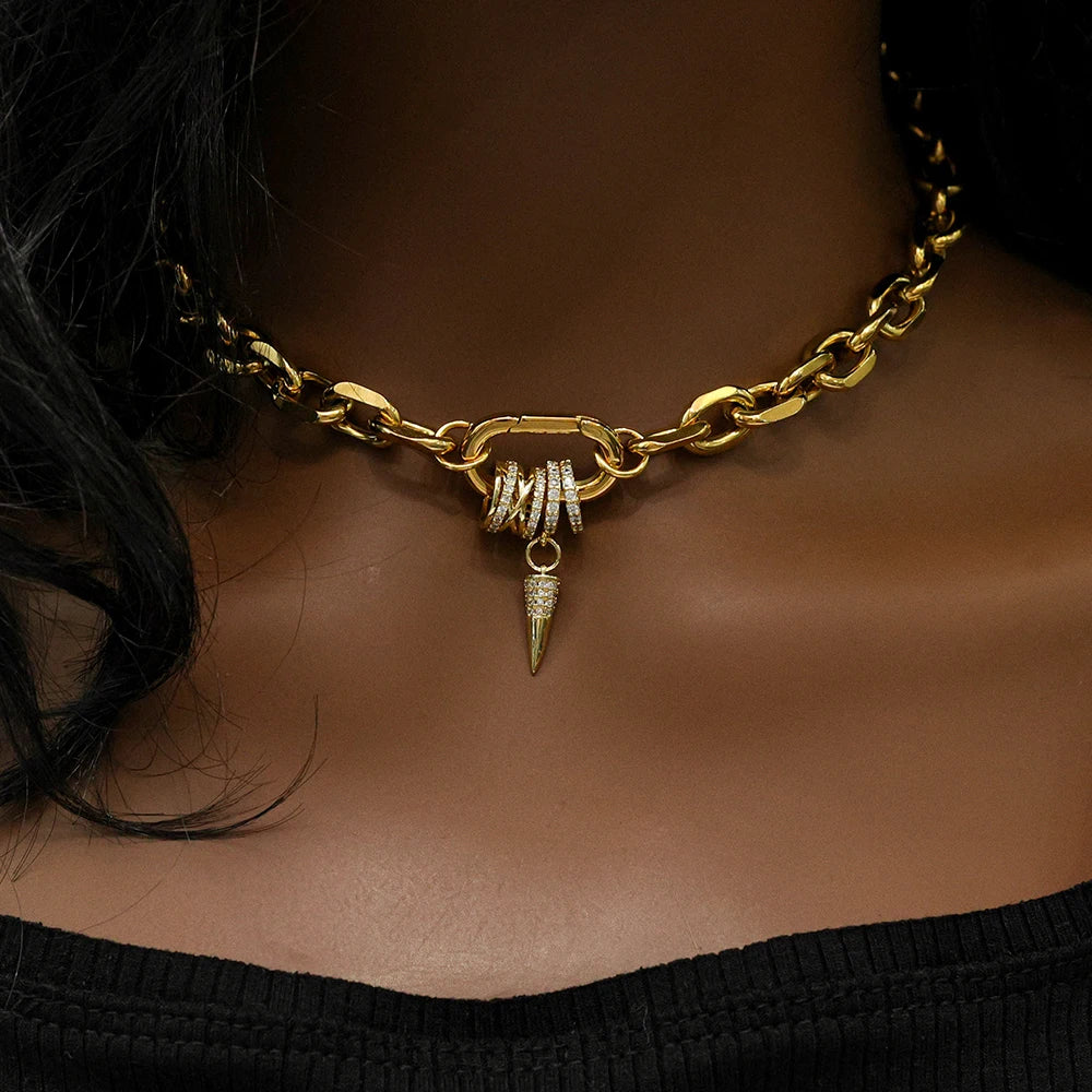 Freeshippings Item Non Tarnish Jewelry Stainless Steel 18K Gold Plated Oval Link Spring Clasp Full Zircon Charms Choker Necklace