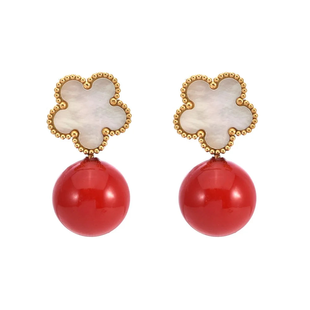 Hot Sale Stainless Steel Five Leaf Flower Pearl Drop Earrings Classic For Woman Clover Jewelry High Quality Party Wedding Gift