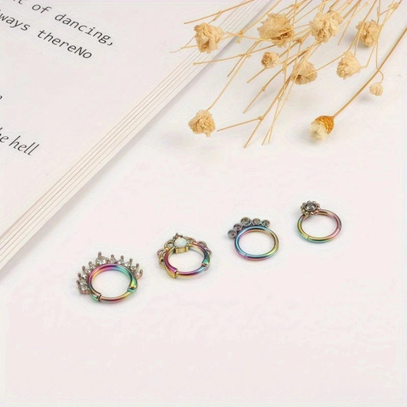 1/4Pcs 16G Stainless Steel Opal Colourful Nose Ring for Women Men,Fashion Sexy Septum Nasi Diaphragm Piercing Jewelry Gift