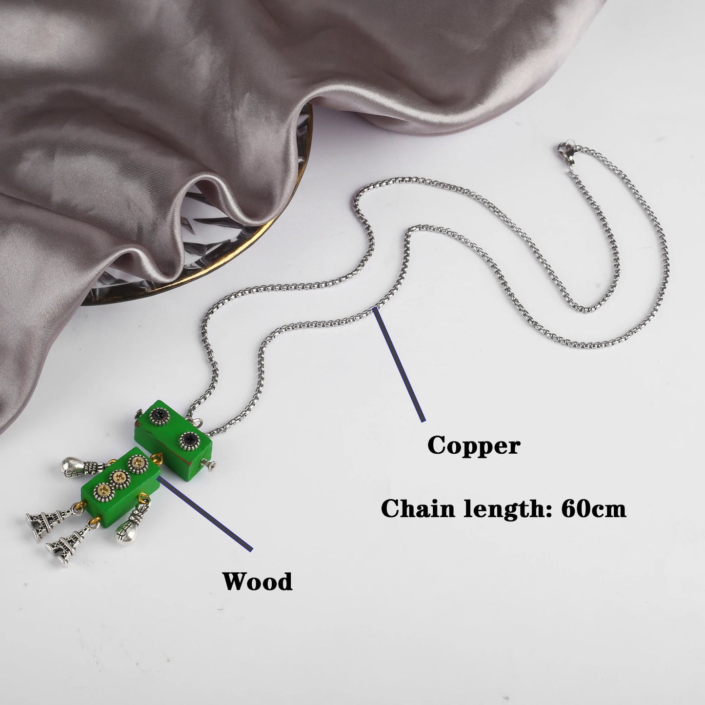 New Creative Wood Robot Pendant Necklace Personality Cartoon Sweater Chain Fashion For Men Women Party Jewelry Gift Wholesale
