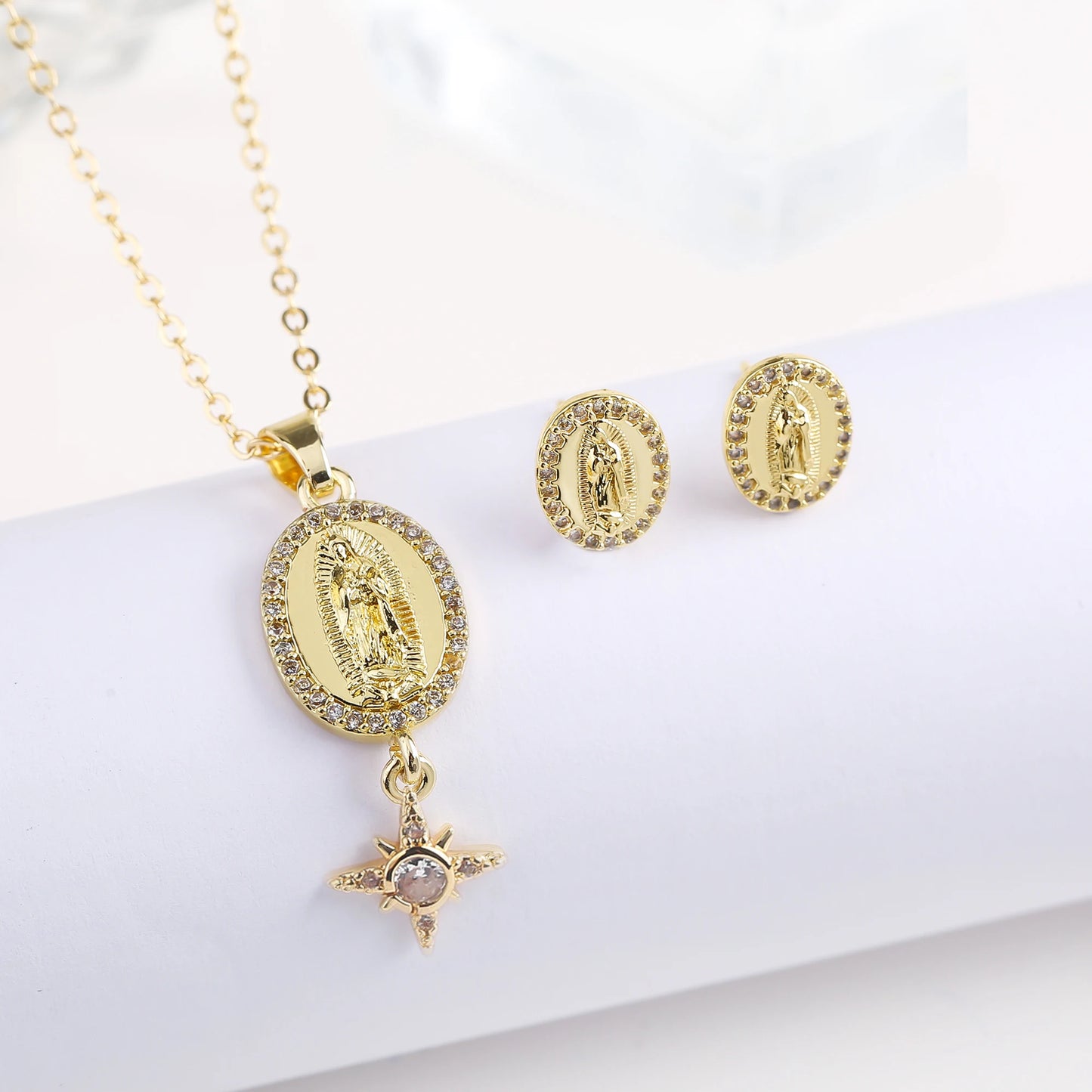 New Trendy Creative Oval St. Jude Zirconia Jewelry Set Necklace Earrings Classic for Religious Jewelry Accessories For Men Women