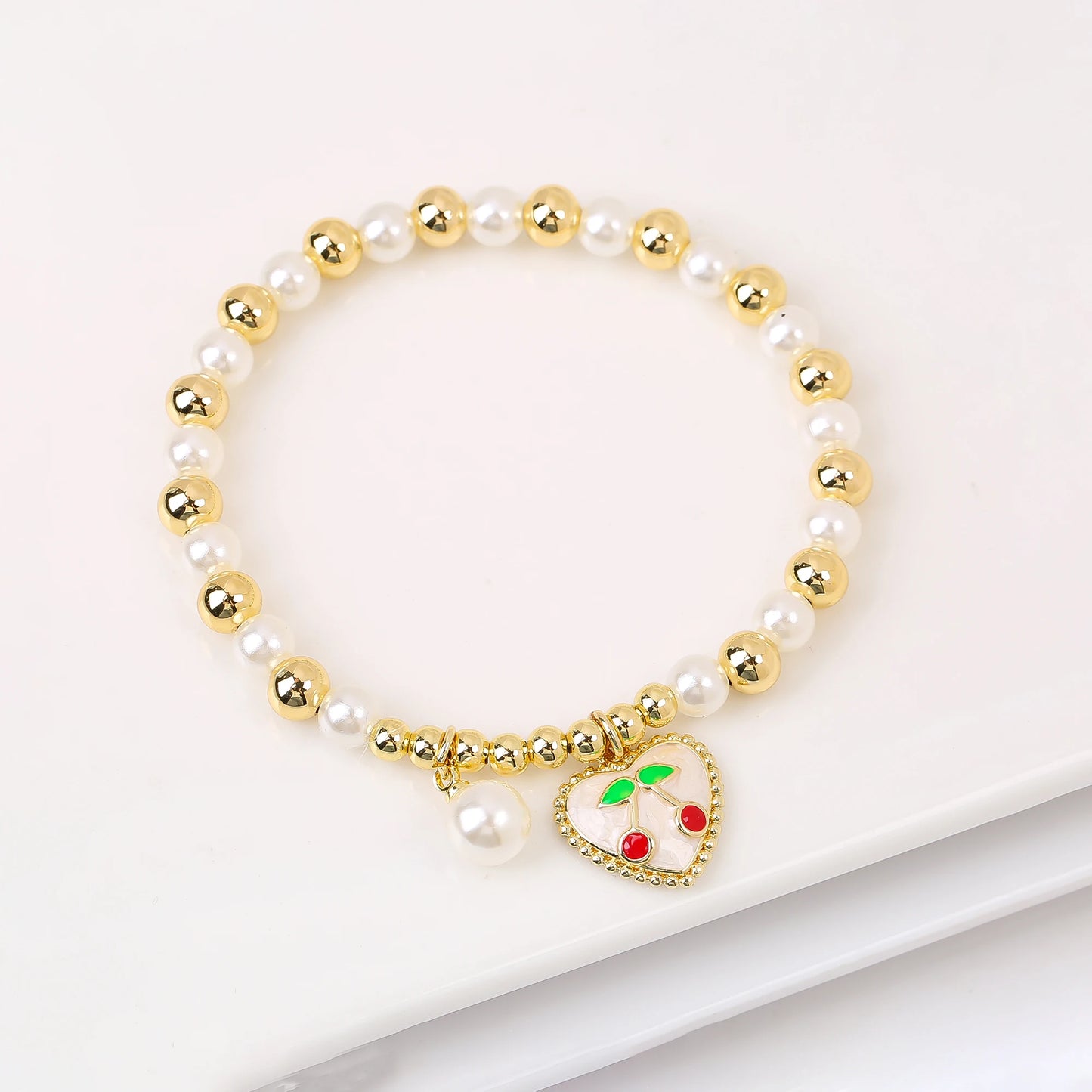 Trendy Crystal Cherry Shape Heart Copper Beads Chain Pearls Bracelet For Women 15 Styles Choice Daily Versatile Jewelry Gift