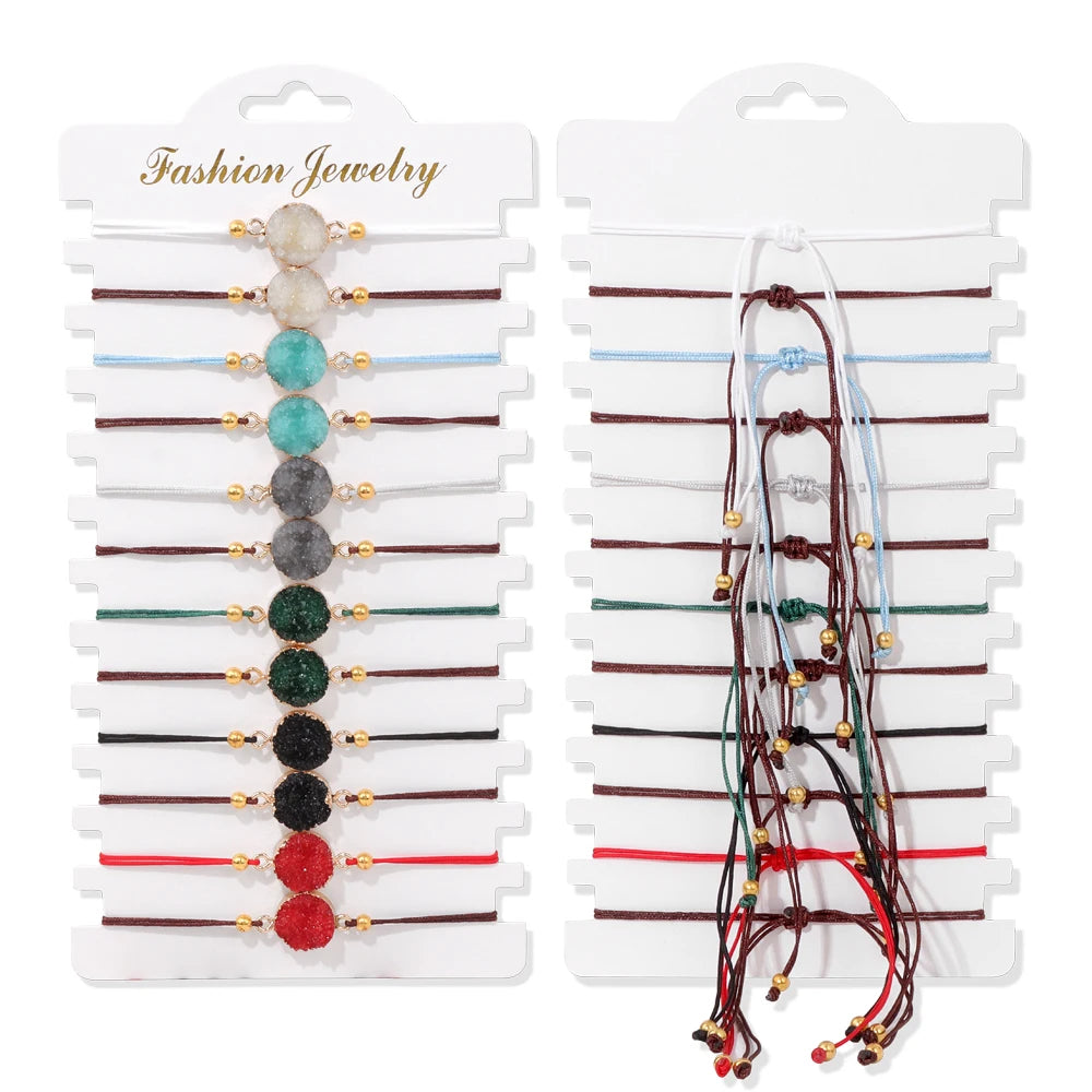 Wholesale 12Pcs/Set Colorful Natural Stone Bracelets Adjustable Rope Braided Bracelet Handmade Bohemia Bracelets with Cards