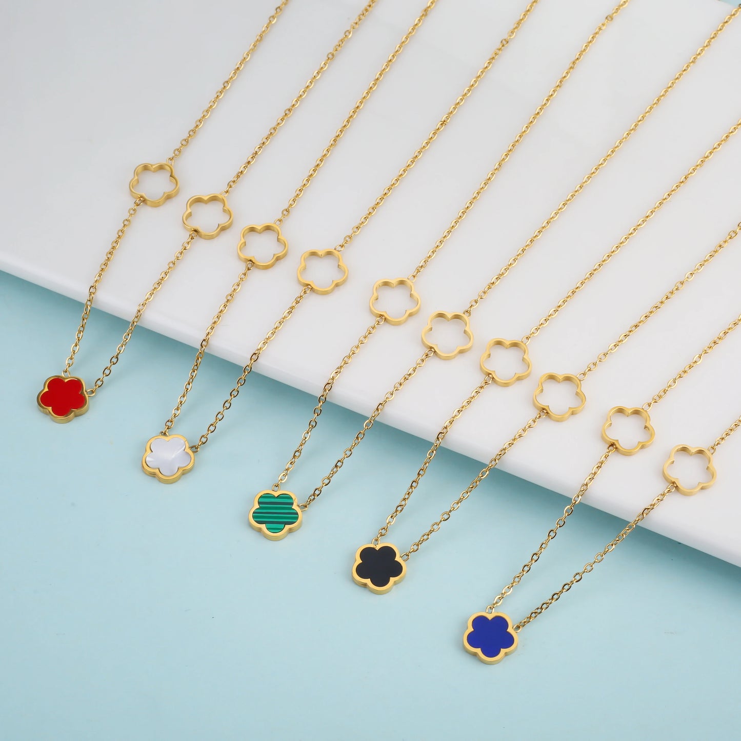 3pc New Design Single-Sided Plant Five Leaf Flower Hollow Bracelet Necklace Earring Set Stainless Steel Women's Clover