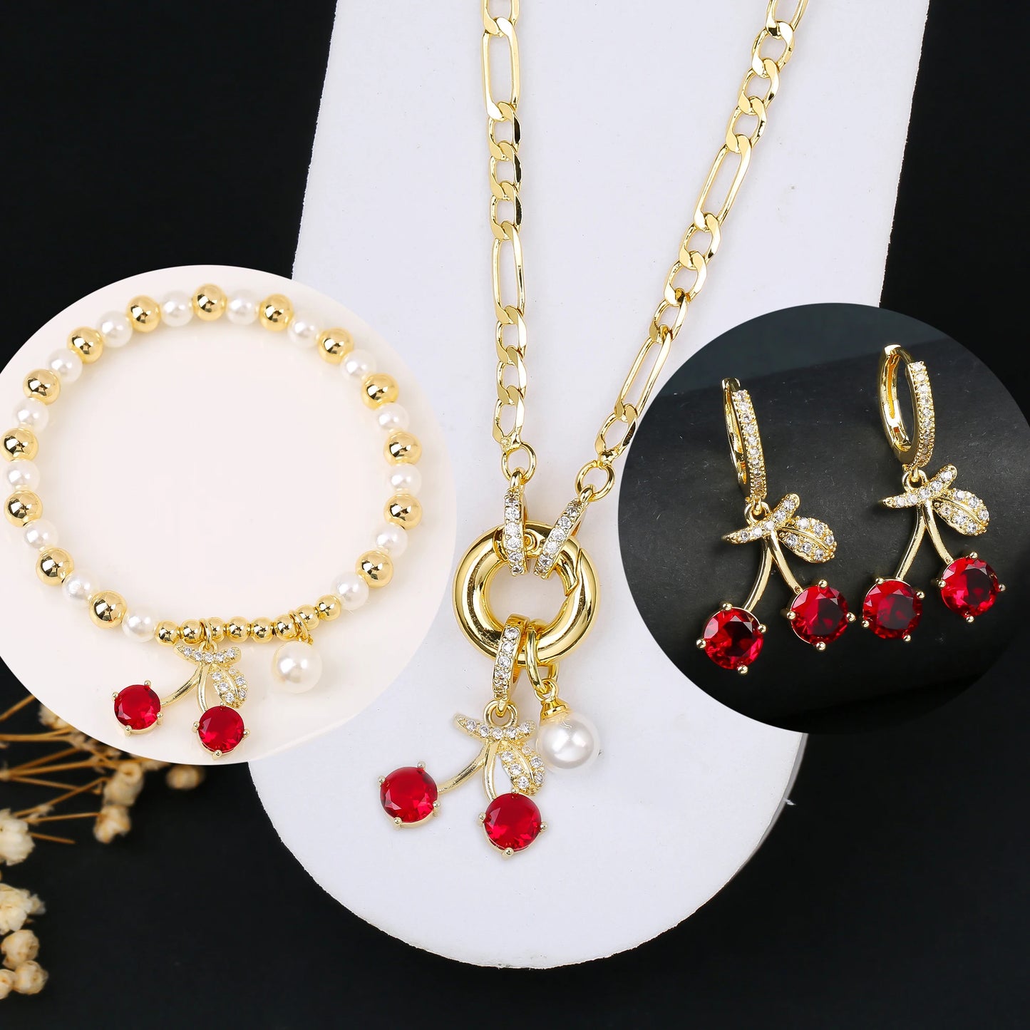 3pcs Hot Sale Shiny Zirconia Crystal Cherry Necklace Bracelet Earrings Jewelry Set Fashion for Woman Girl Wedding Lucky Jewelry
