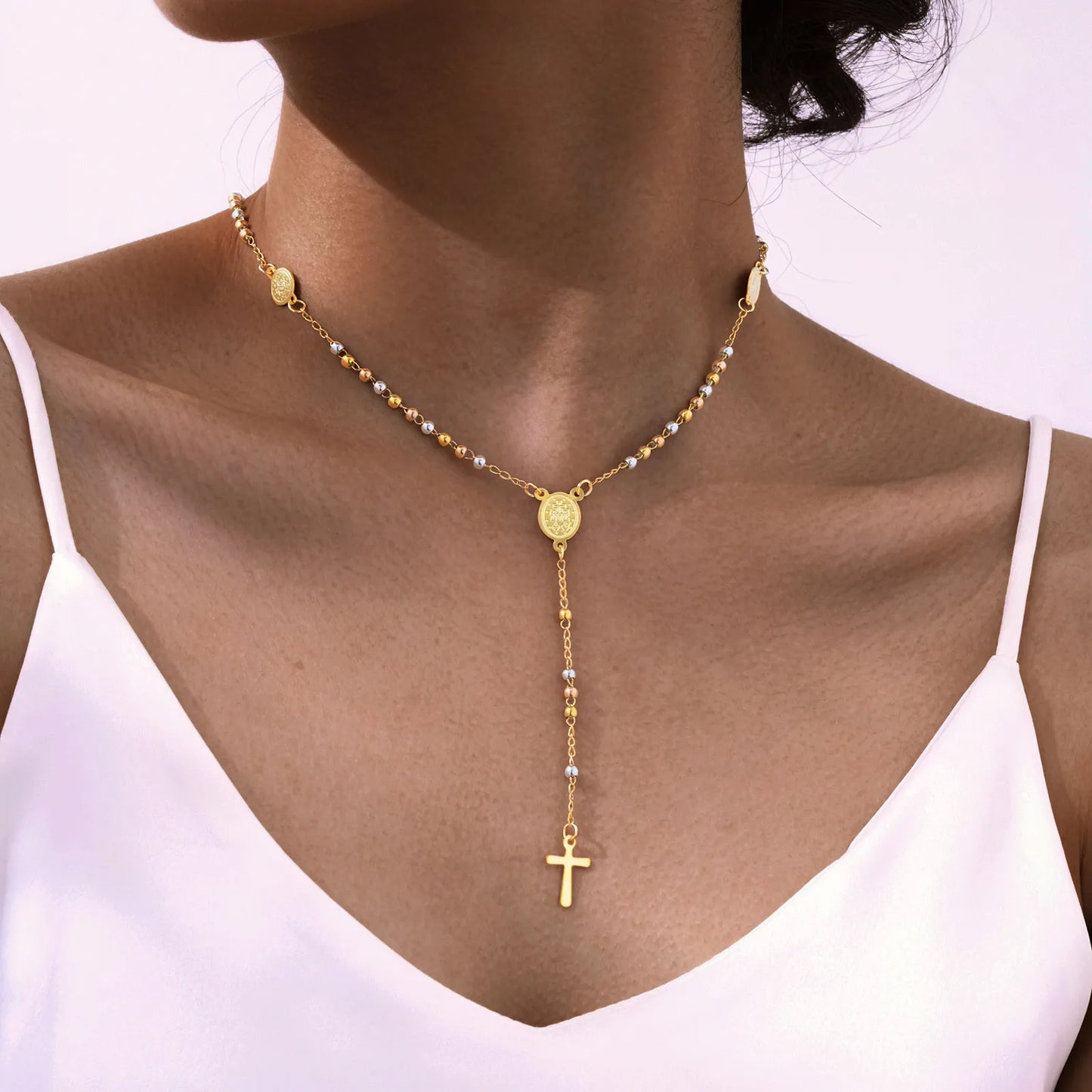Beads Rosary Necklace Cross Pendant For Women,virgin Mary St Benedict Y Shape Drop Necklace, Protection Jewelry