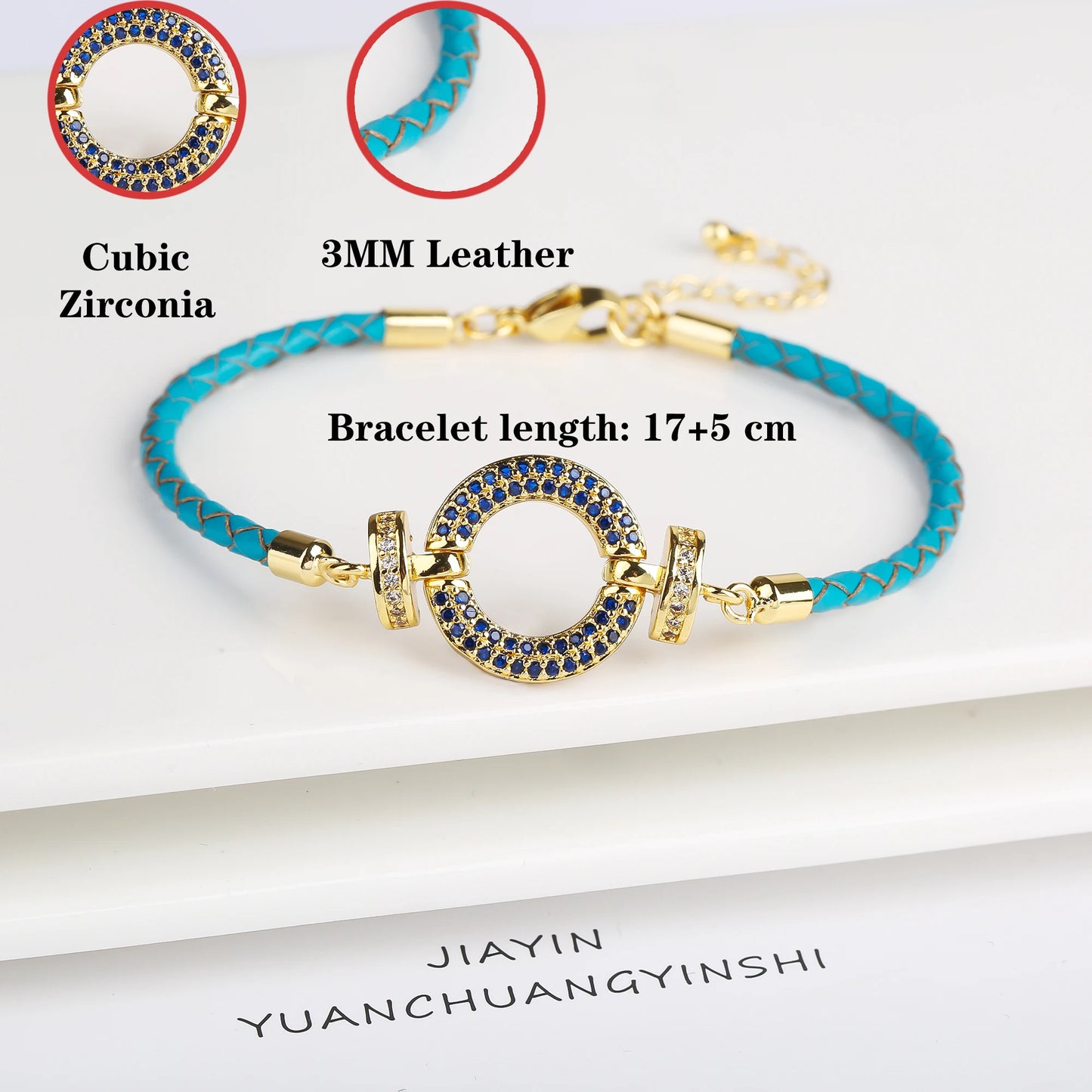 Trendy Colored Round Zirconia Accessory Leather Braided Adjustable Bracelet High Quality Party Holiday Jewelry Gift For Women