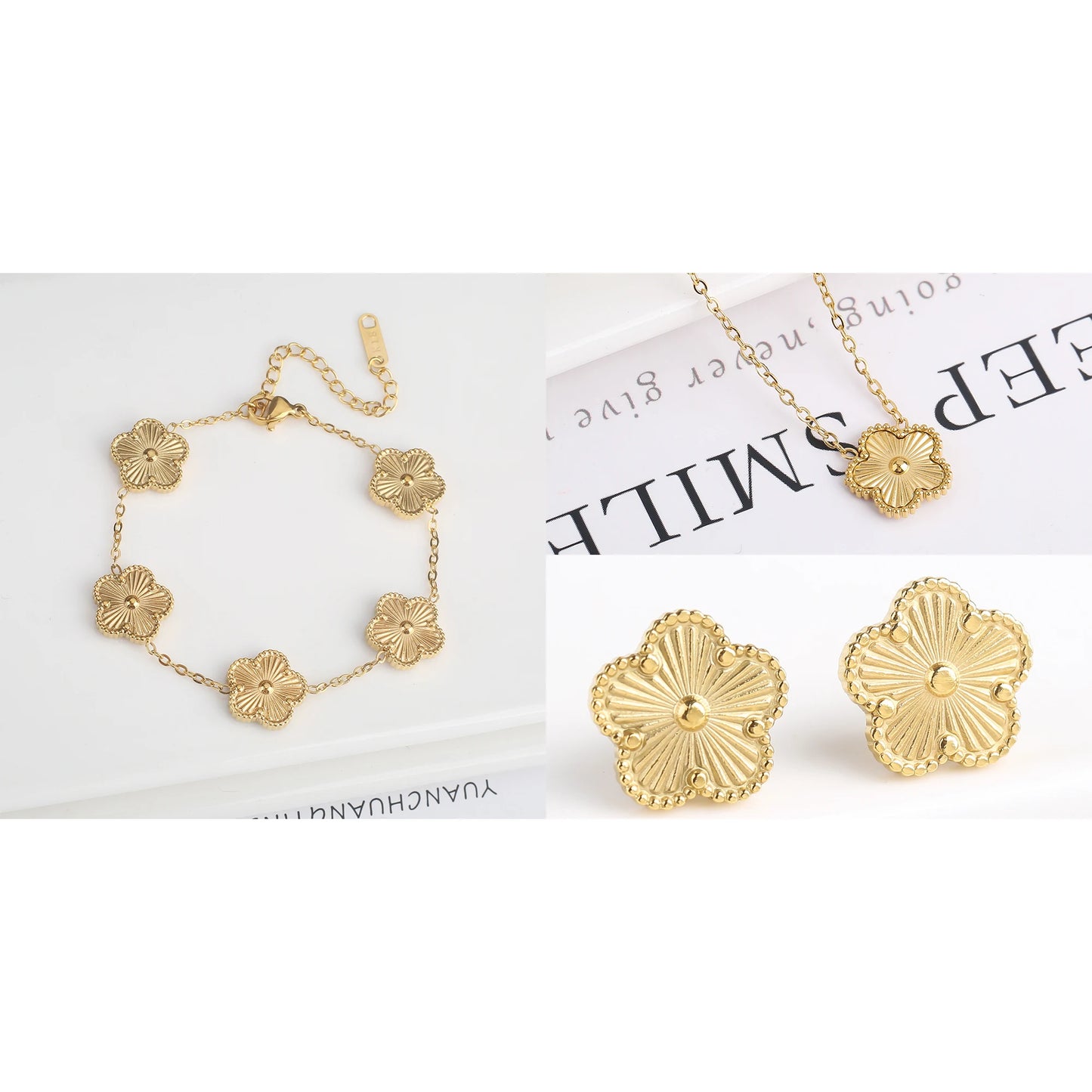 Waterproof Clover five-leaf flower Metal Laser Stainless Steel Jewelry Set Classic for Woman Luxury Party Jewelry Daily Wear