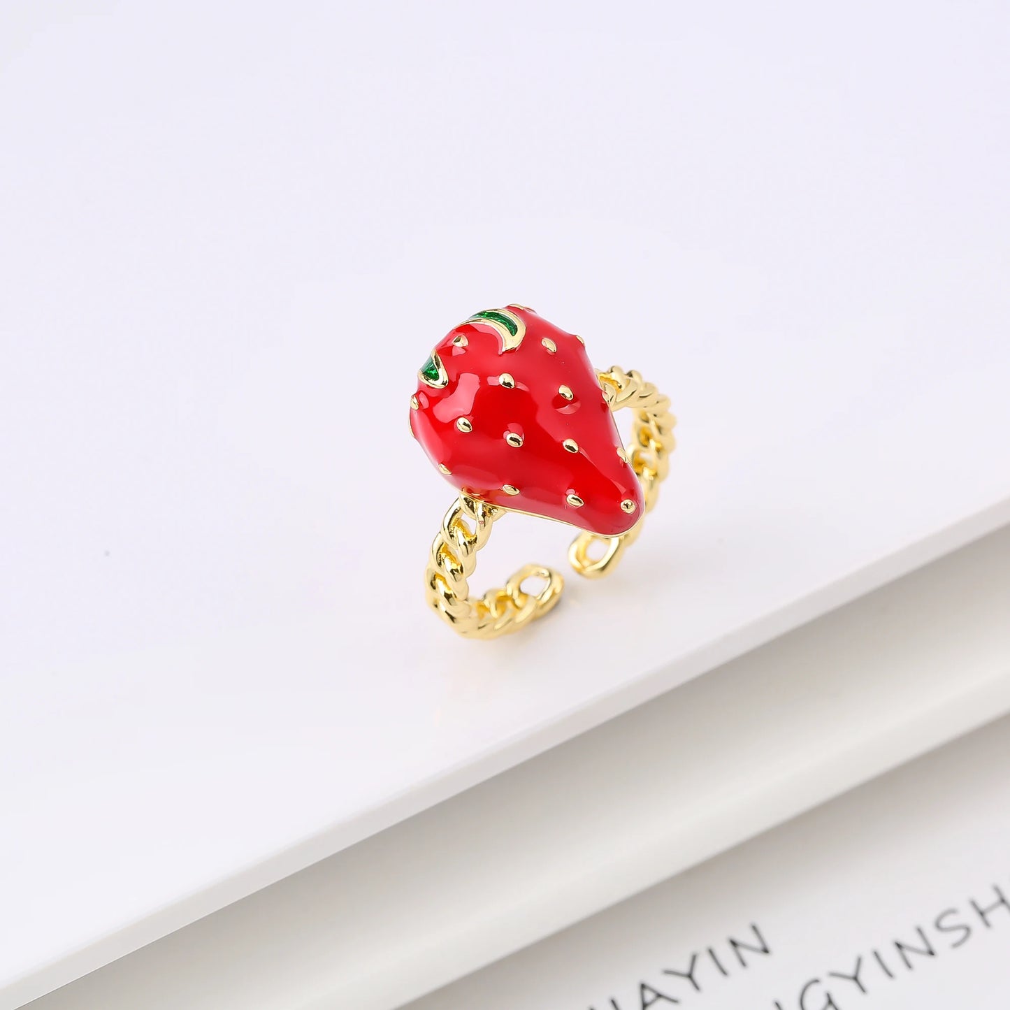 New Creative Copper Oil Drop Red Strawberry Zirconia Ring Charm For Woman Girl Vacation Casual Jewelry Accessories Adjustable