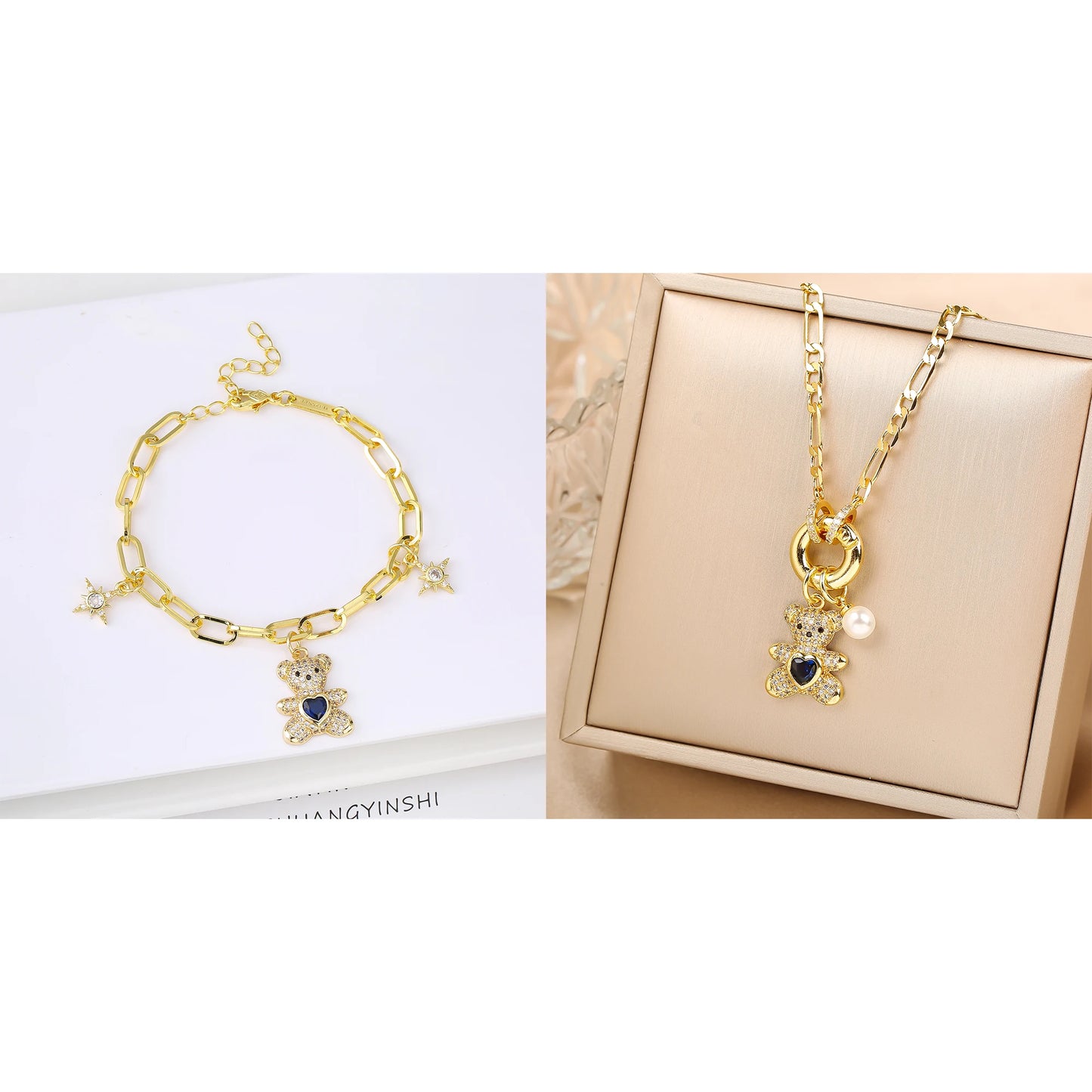 Hot Sale 2PCS Animal Bear Zirconia Bracelet Jewelry Necklace Set for Women Female Daily Party Crystal Jewelry Girl Gift