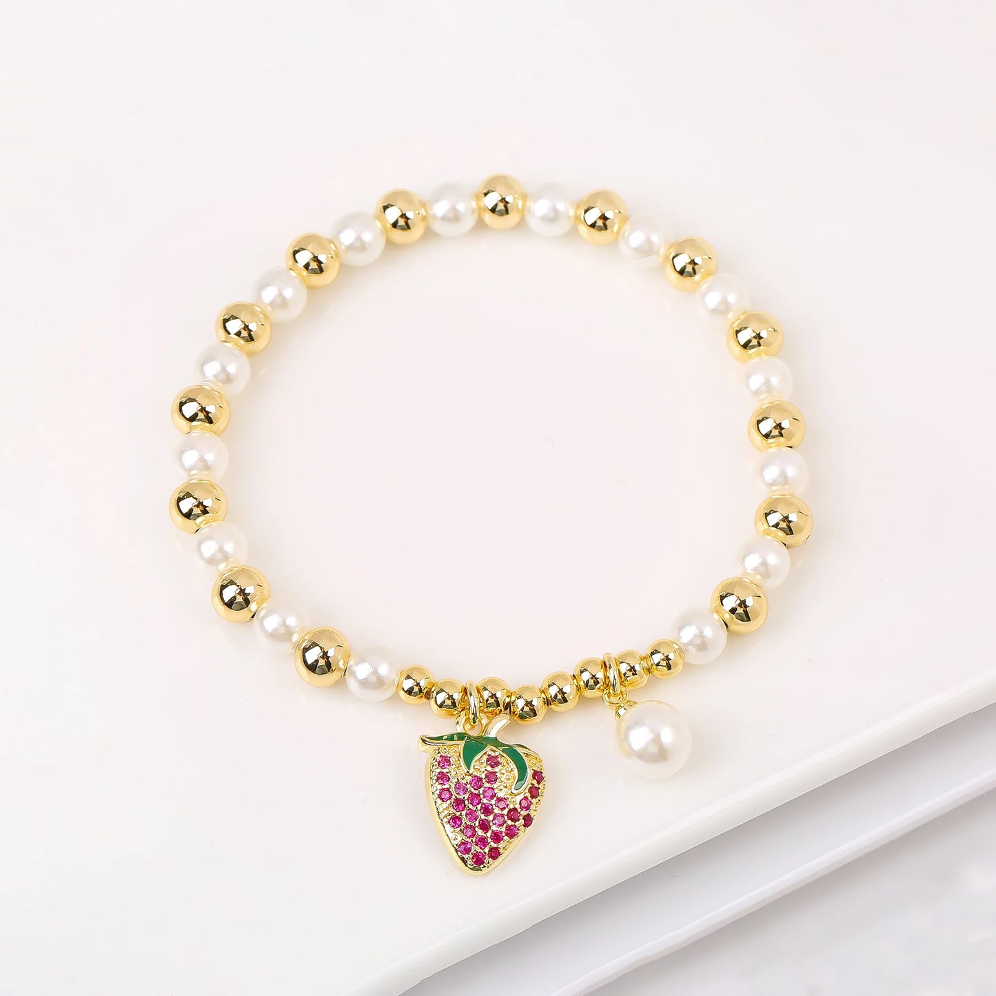 Trendy Crystal Cherry Shape Heart Copper Beads Chain Pearls Bracelet For Women 15 Styles Choice Daily Versatile Jewelry Gift