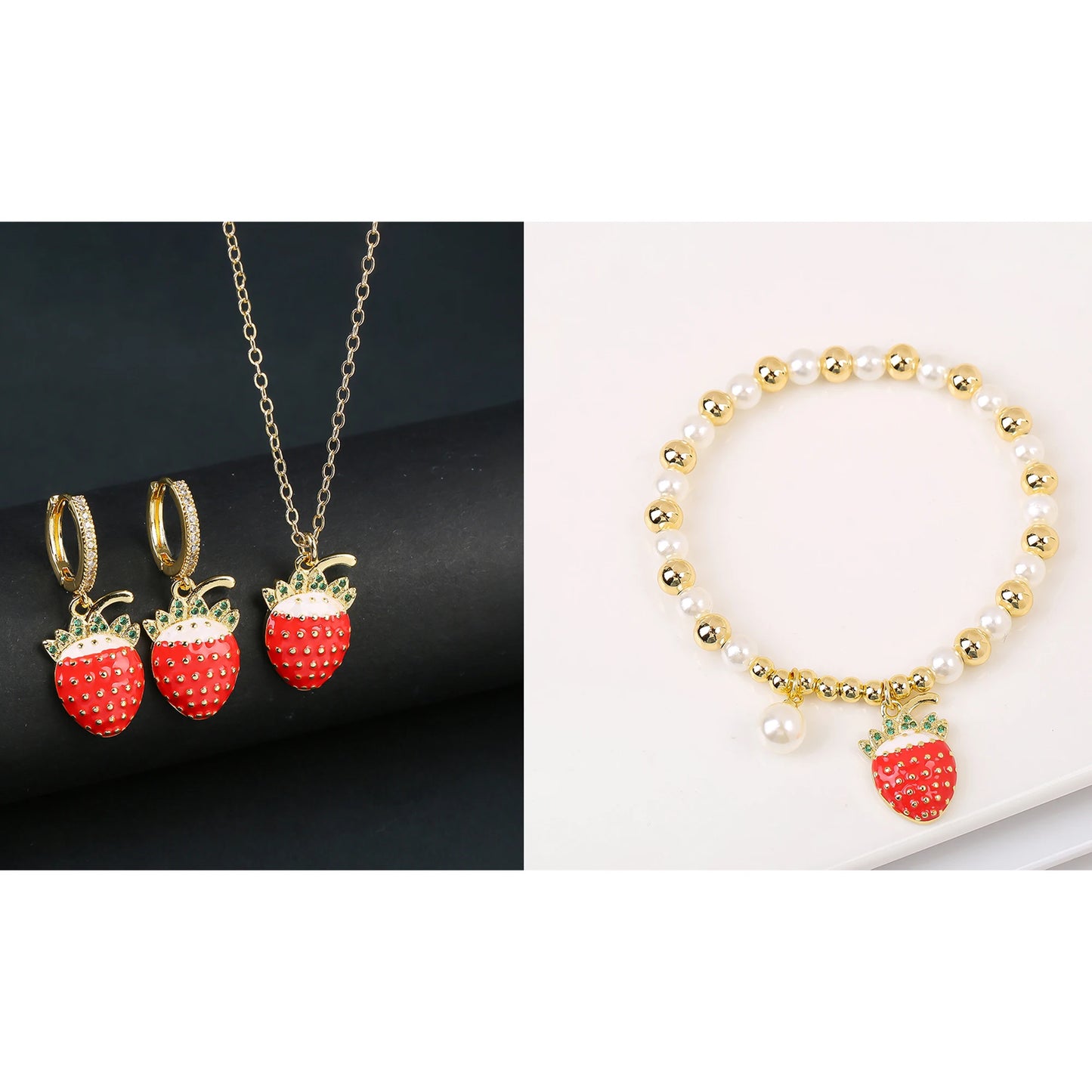 13 Style Choice 3pcs Lucky Red Cherry Crystal Fruit Bracelet Necklace Earrings Jewelry Set Luxury for Women Daily Party Jewelry