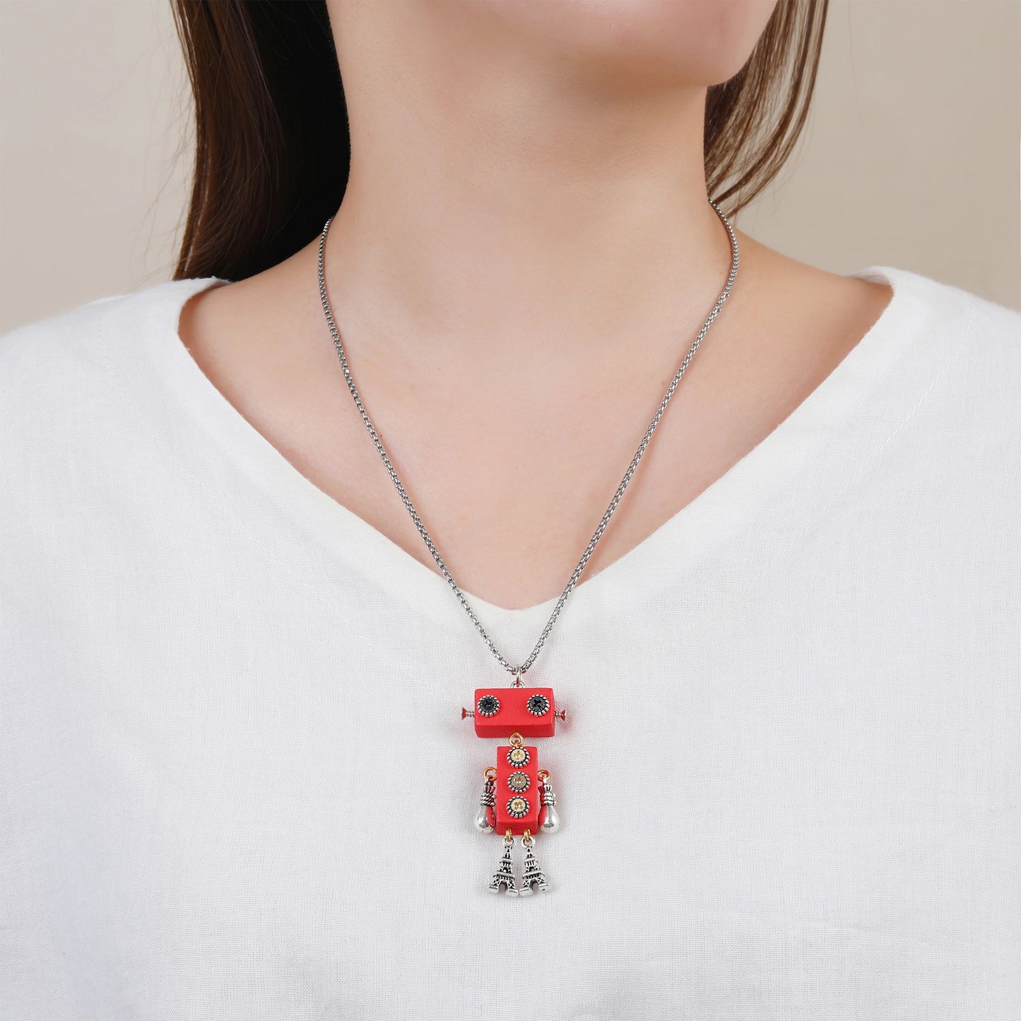 New Creative Wood Robot Pendant Necklace Personality Cartoon Sweater Chain Fashion For Men Women Party Jewelry Gift Wholesale