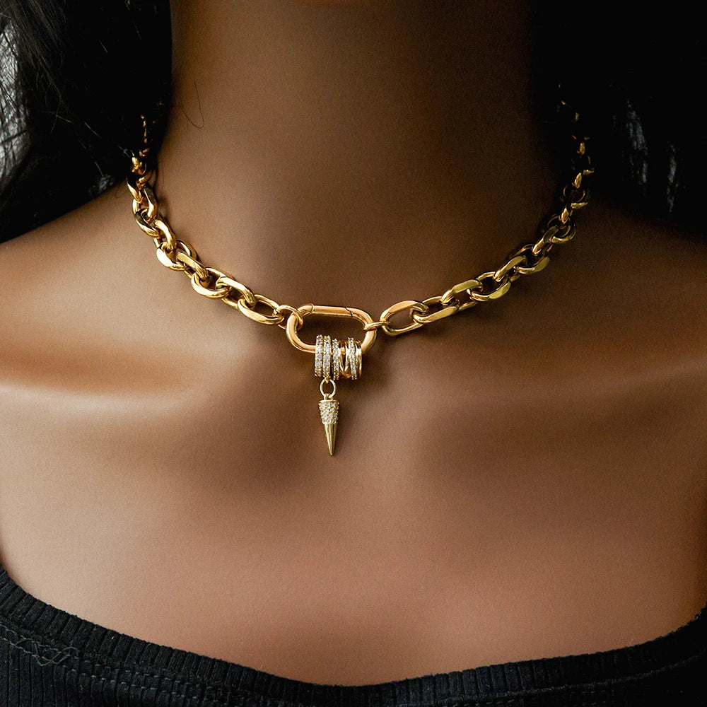 Freeshippings Item Non Tarnish Jewelry Stainless Steel 18K Gold Plated Oval Link Spring Clasp Full Zircon Charms Choker Necklace