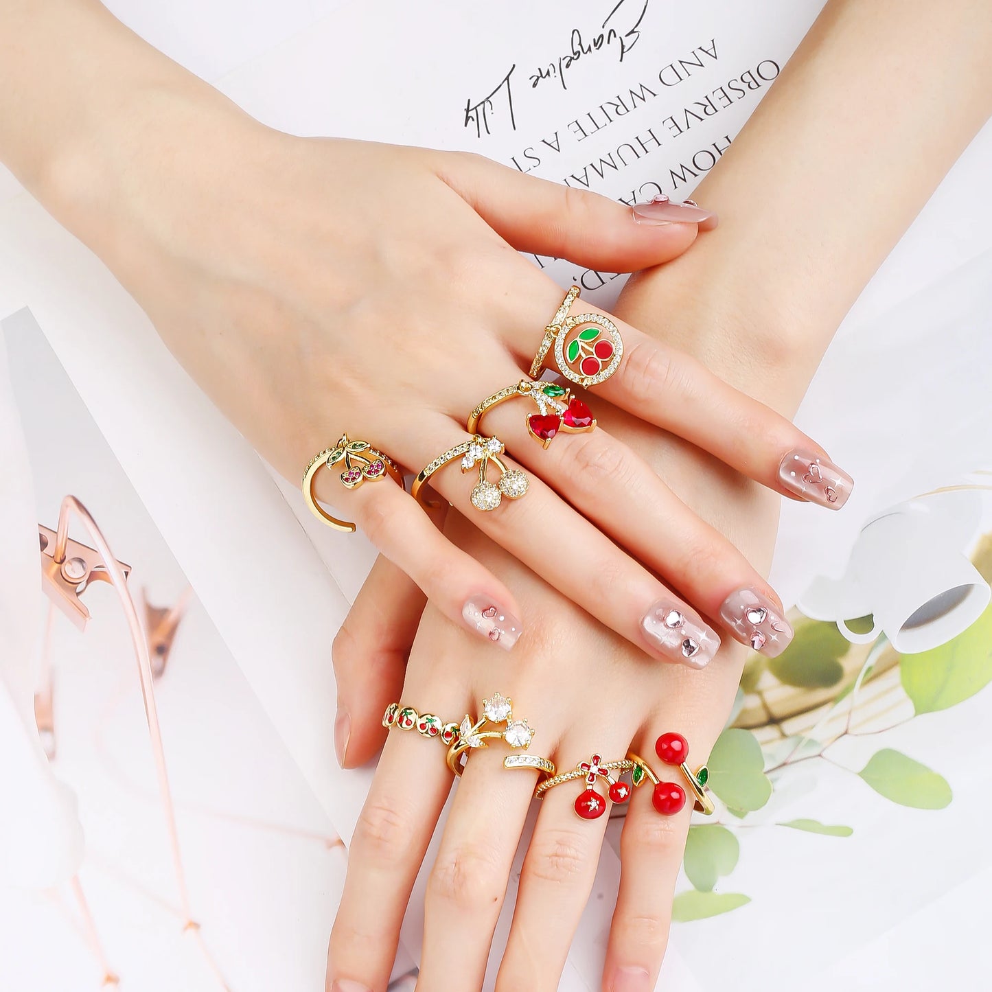 Sweet And Lovely Fruit Cherry Crystal Zirconia Opening Adjustable Ring Simple For Woman Girl Daily Party New Fashion Jewelry