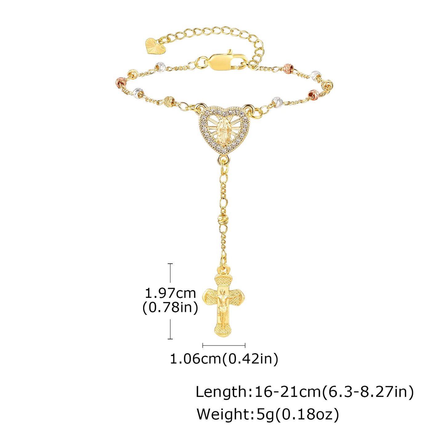 Zirconia Heart Virgin Mary Rosary Bead Cross Necklace for Women, Long Chain Cross Pendant Christian Catholic Religious Jewelry