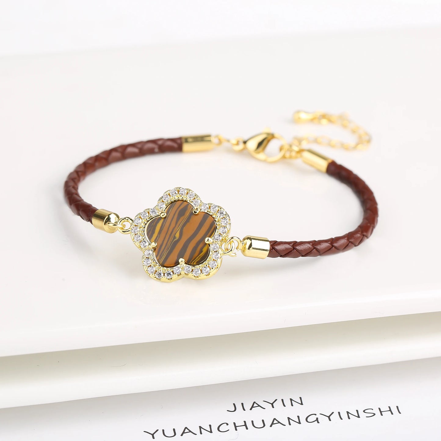 INS Hot Sale Shiny Zirconia Five-Leaf Flower Leather Adjustable Bracelet Classic Stone Plumeria Bracelet For Woman Jewelry Gift