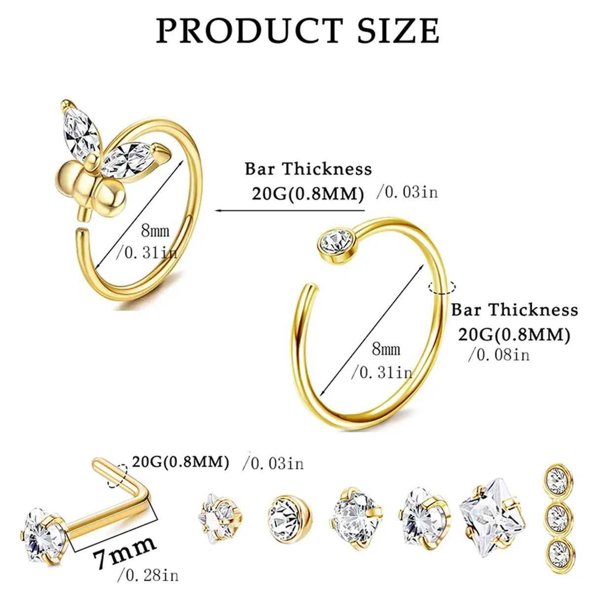16Pcs 20G Flower Butterfly Nose Rings Hoops,Inlaid Shiny Zircon Nose Screw Nose Body Piercing Jewelry Decoration