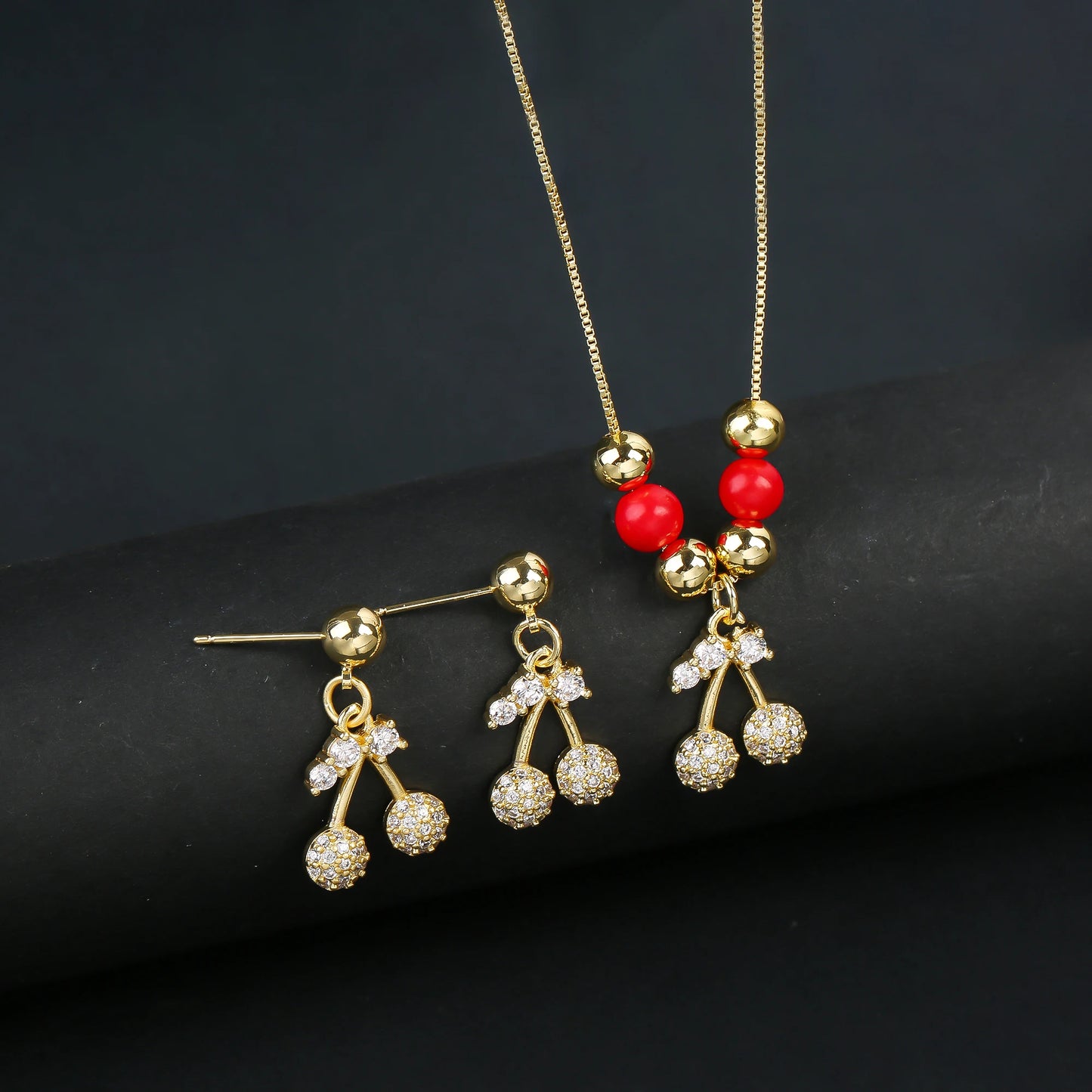 2pcs 22 Style Fashion Fruit Cherry Zircon Crystal Jewelry Set Earrings Necklace For Women Female New Trend Party Jewelry Gift