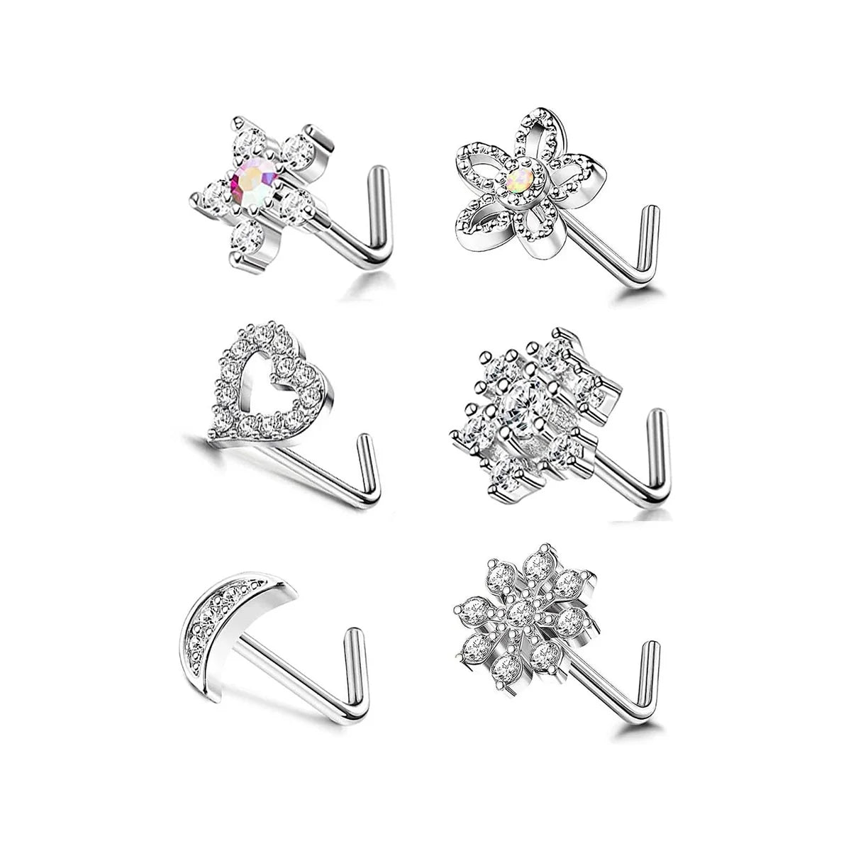 6Pcs 20G Stainless Steel Flower Heart Star-shaped Nose Rings