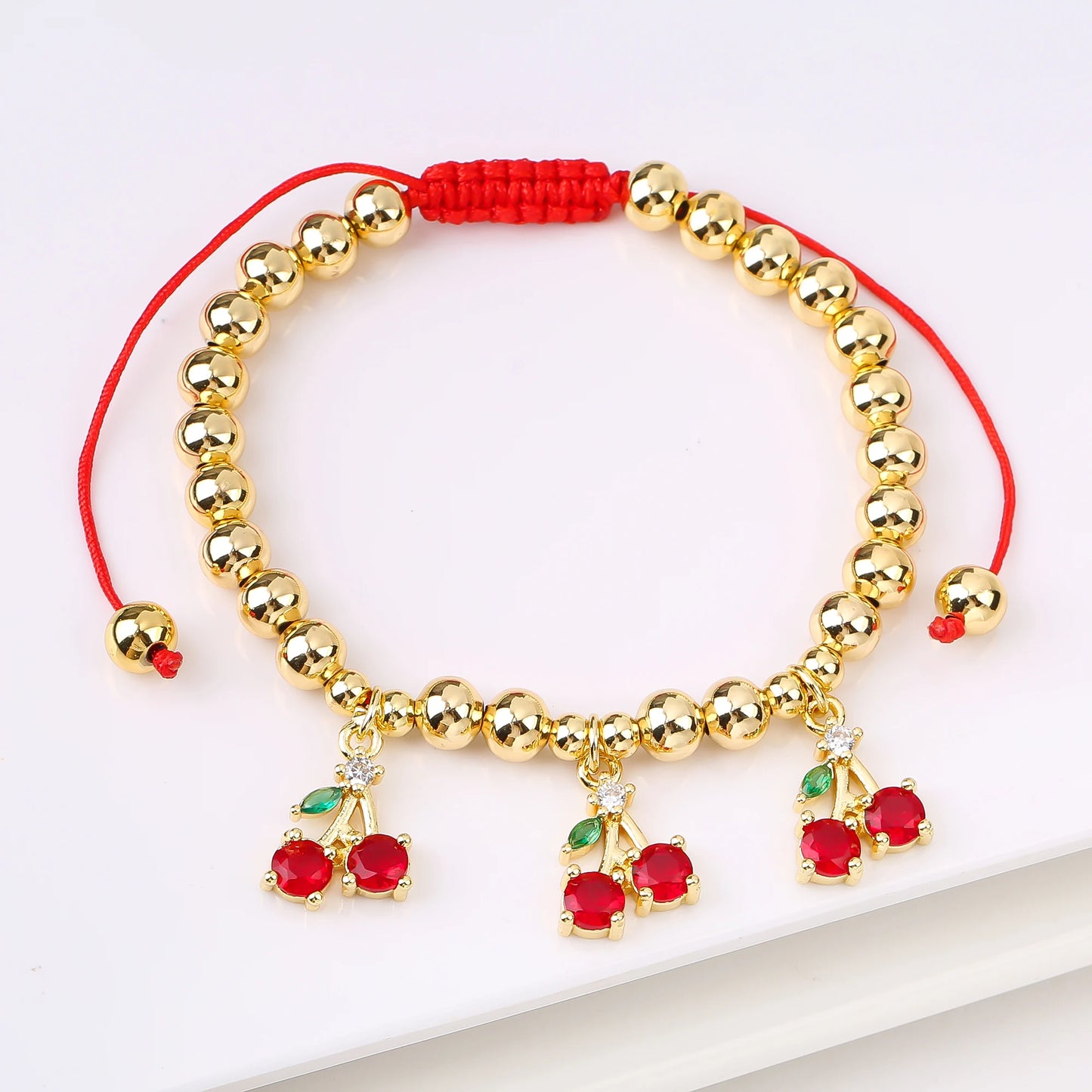 Gold Plated 6mm Copper Bead Chain Braided Fruit Cherry Crystal Adjustable Bracelet New Fashion Woman Girl Daily Wear Jewelry