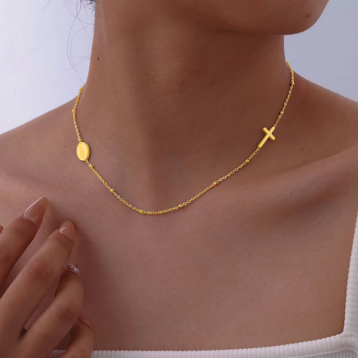 Vnox Dainty Sideway Cross Necklaces, Women's Virgin Mary Charm Collar, Adjustable Stainless Steel Jewelry