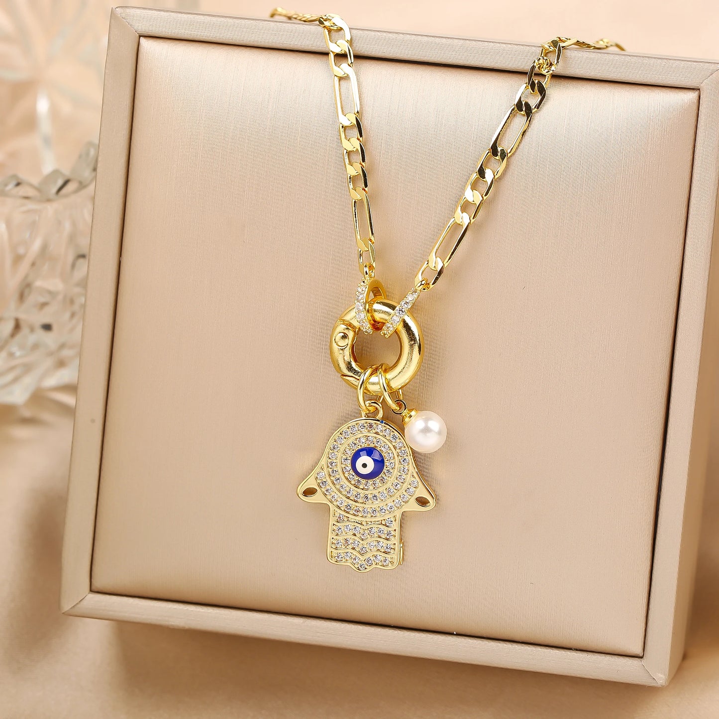Punk Style Full Zirconiac Evil Eye Palm Pearl Pendant Necklace Luxury For Man Woman Daily Wear Clavicle Chain Jewelry Party Gift